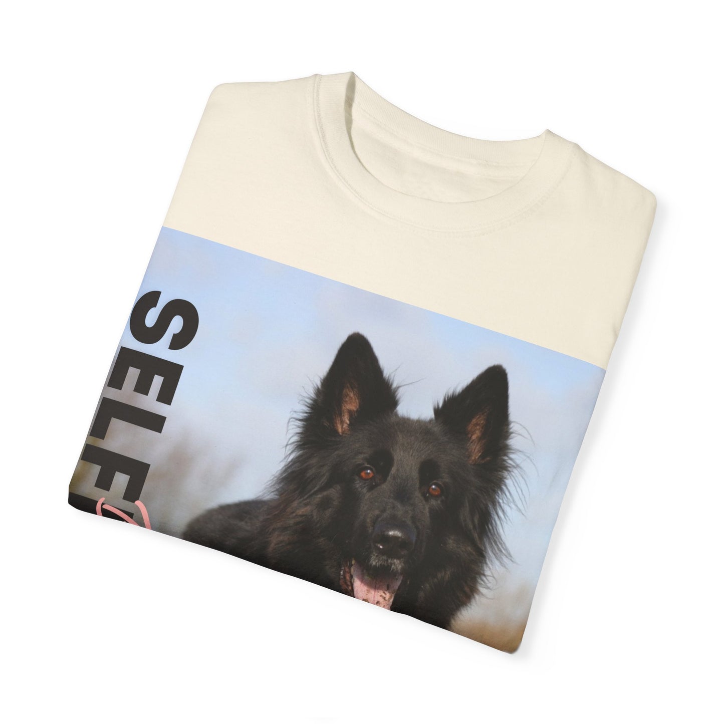 Unisex Dog Lover T-Shirt With Black German Shepherd in the Open Field Leaving Tongue Out and Caption Selfless Beings
