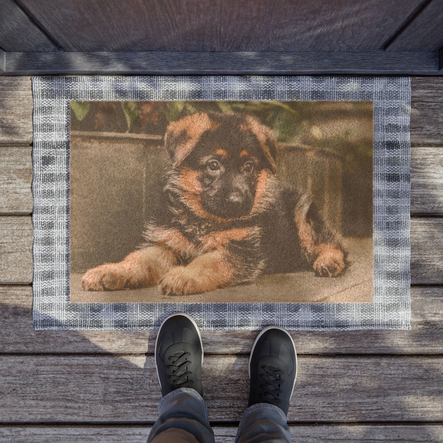 Dog Lovers Doormat Featuring a Cute German Shepherd Puppy With Floppy Ears Sitting on the Floor