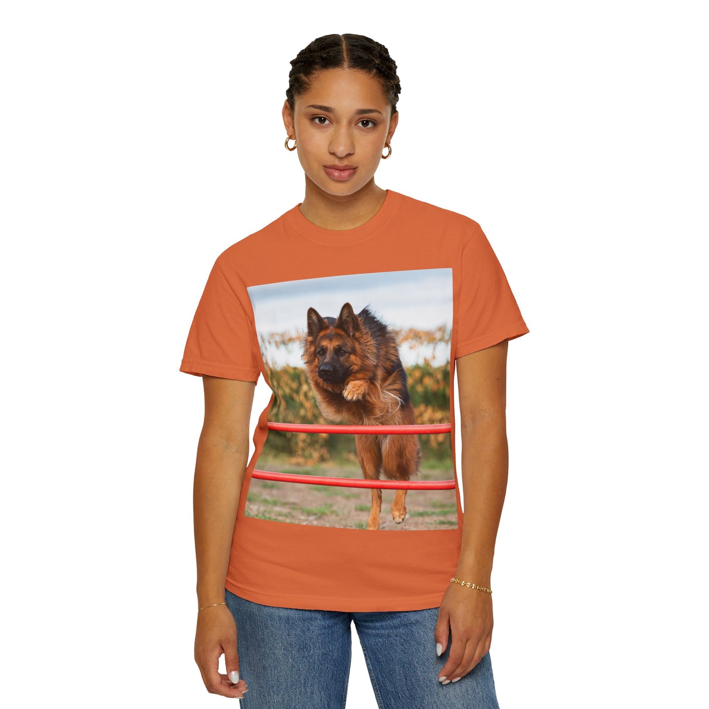 Dog Lover Unisex T-Shirt  Featuring Photograph of Showline German Shepherd Jumping Agility Fence