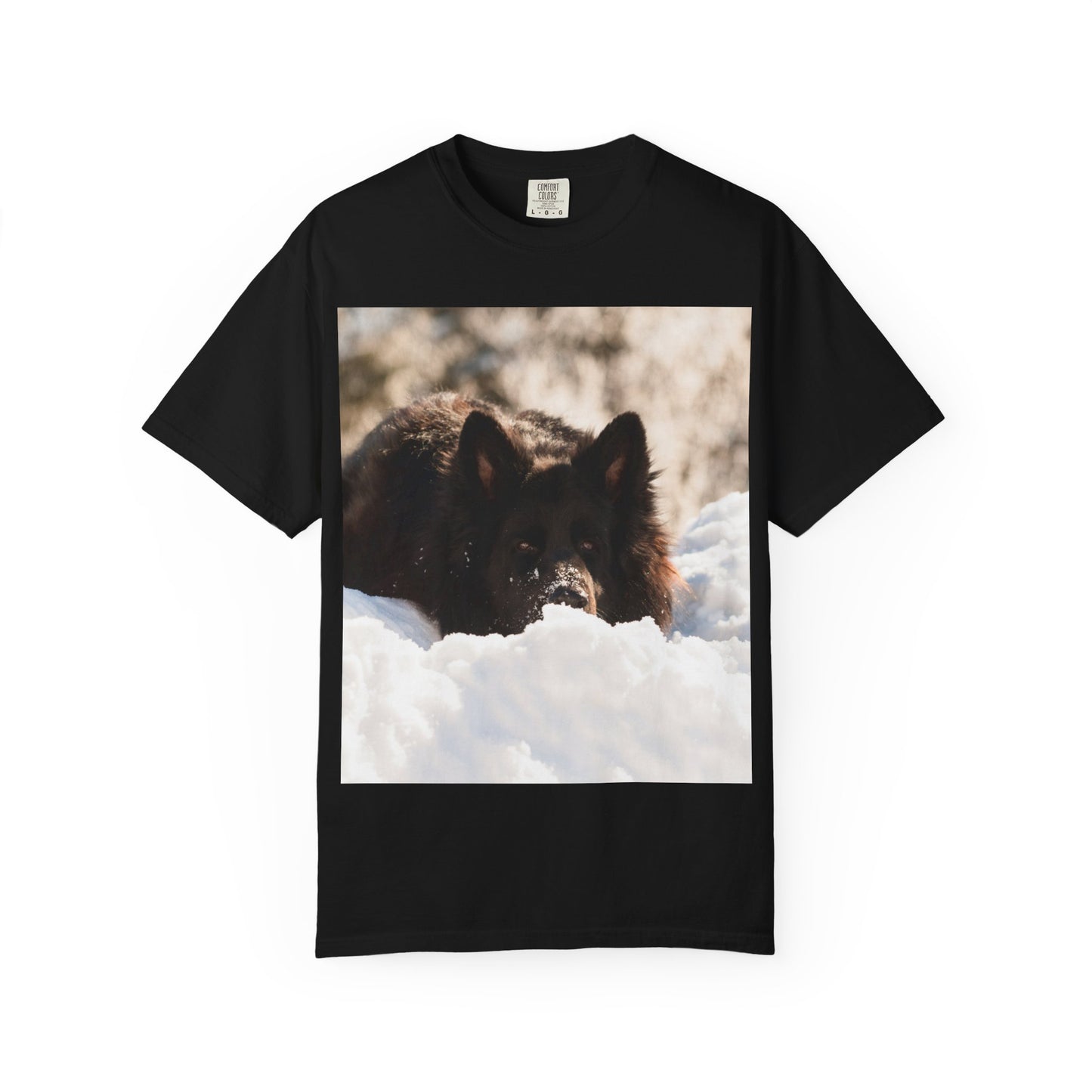 Unisex Dog Lover T-Shirt Featuring a Giant Black German Shepherd Resting on the Snow