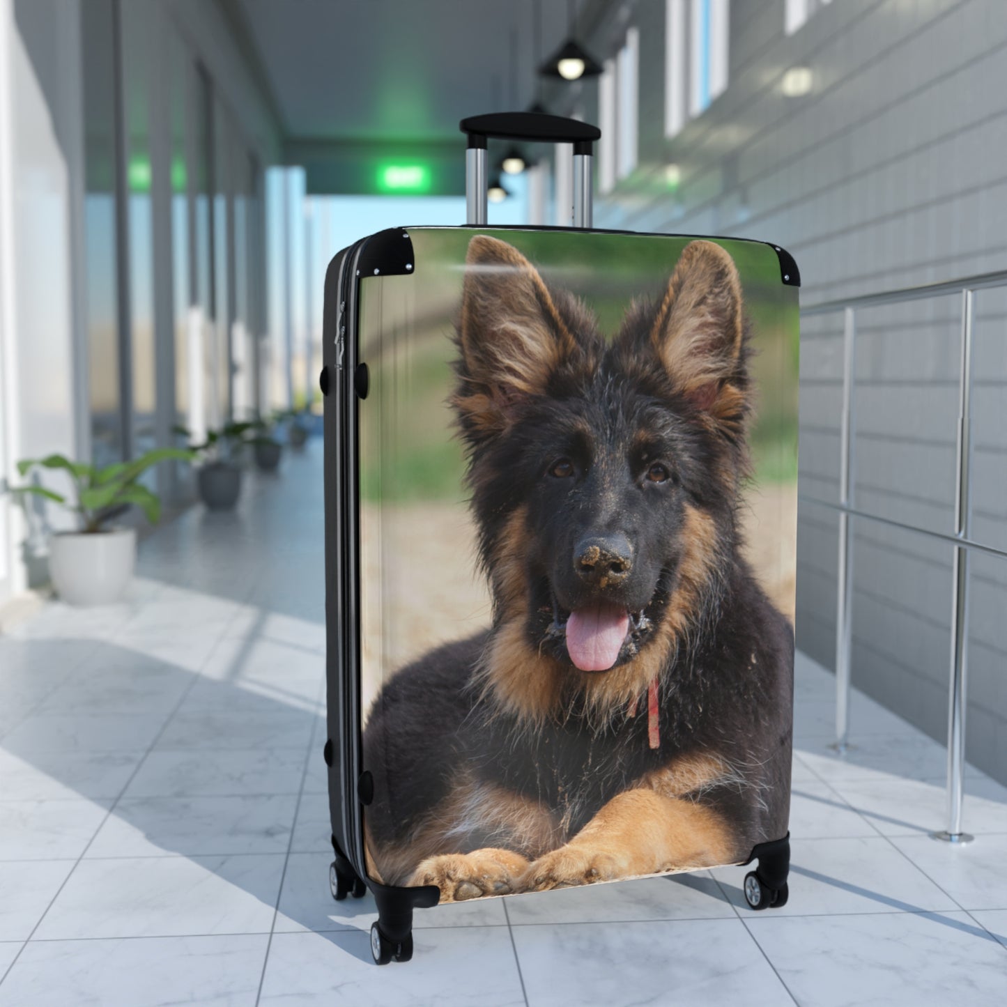 Dog Lover's Travel Suitcase Featuring a a Stunning German Shepherd Puppy Resting on the Sand