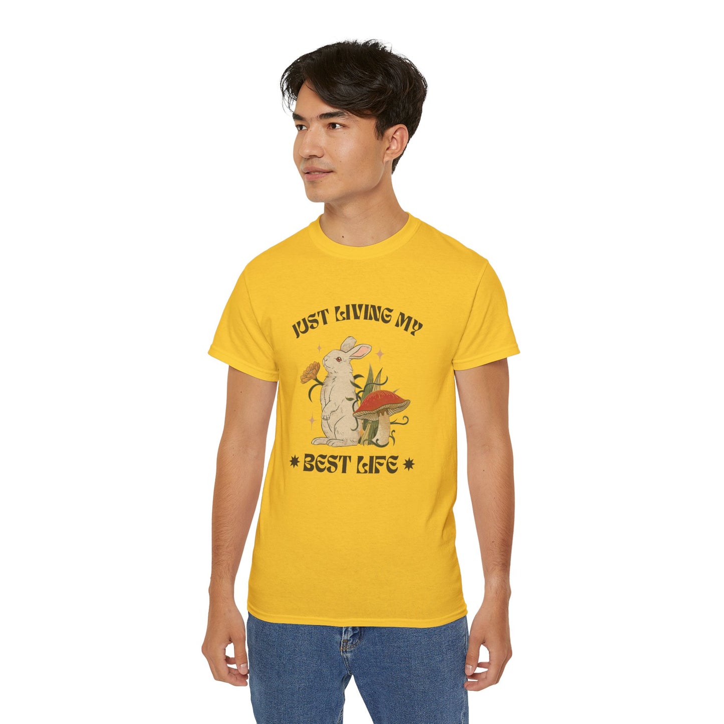 Unisex Ultra Cotton Tee - Just Living My Best Life Bunny Design, Cute Rabbit Shirt, Gift for Animal Lovers, Spring Fashion