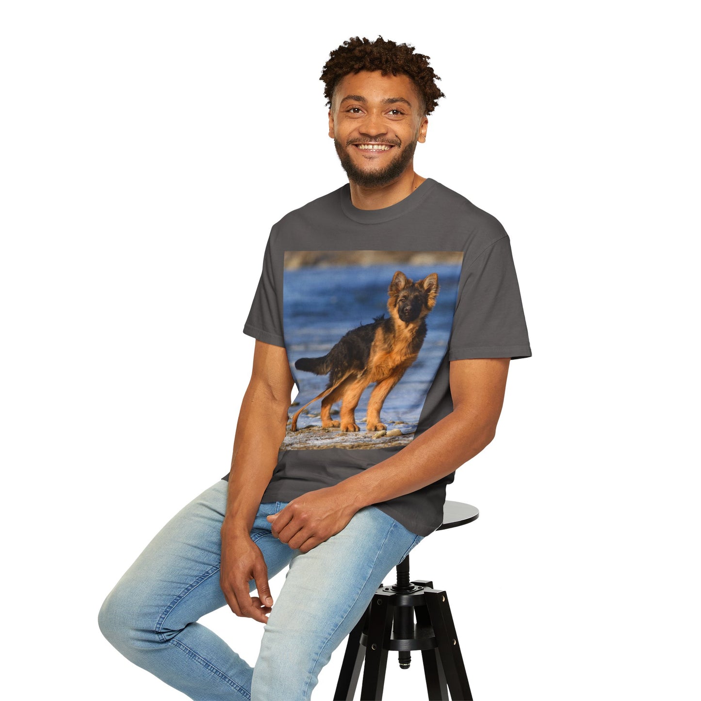 Unisex Dog Lover T-Shirt Featuring Beautiful German Shepherd Puppy Standing at the Sea Shore