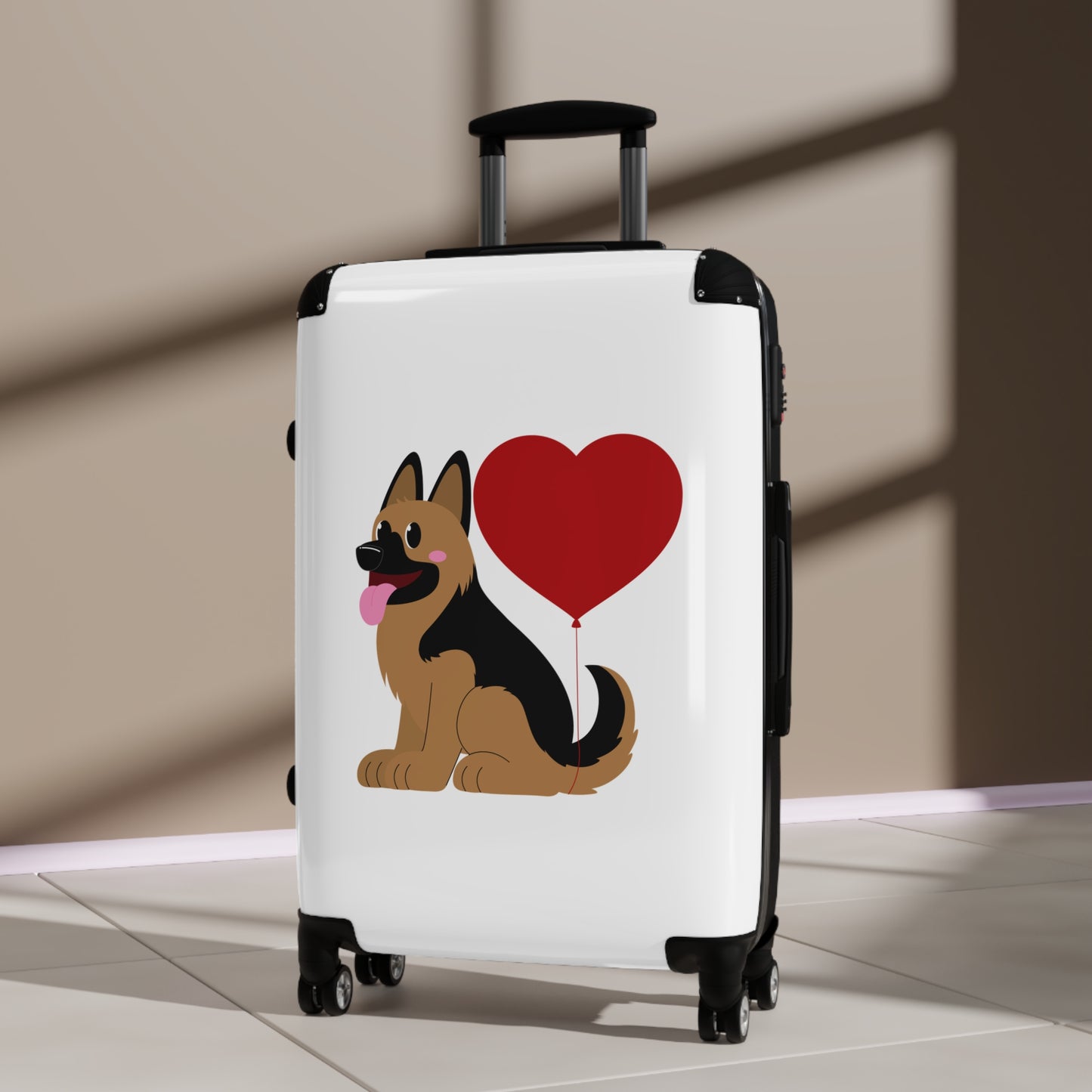 Dog Lover's Suitcase Featuring Graphic of a German Shepherd Puppy and Heart Shaped Balloon Attached to Tail