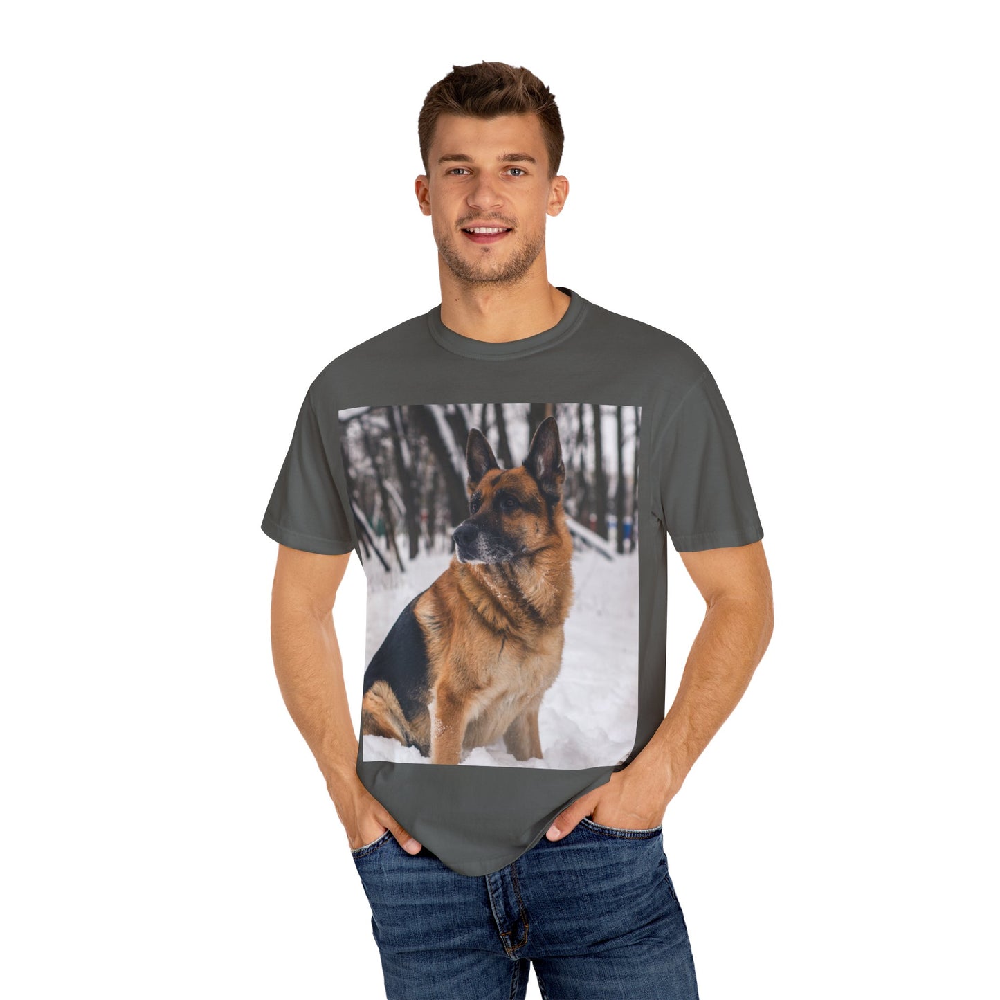 Unisex Dog Lovers T-Shirt Featuring a Beautiful German Shepherd Sloppily Sitting on the Snow