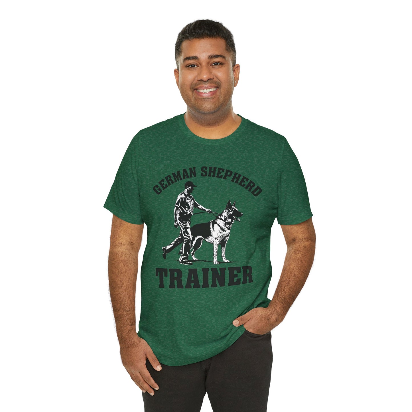 German Shepherd Trainer Tee - Black and White Design of Man Holding a German Shepherd