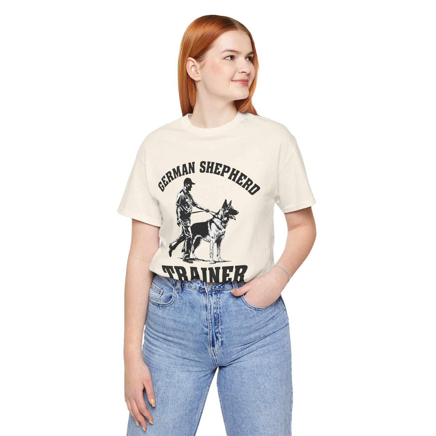 German Shepherd Trainer Tee - Black and White Design of Man Holding a German Shepherd
