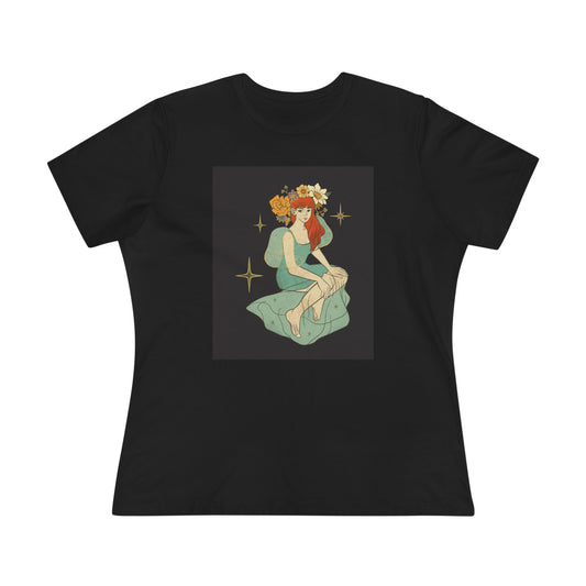 Whimsical Floral Women's Cotton Tee - Black And Tosca Illustration of Fairy Woman | Vintage Art Shirt, Cute Graphic Tee, Gift for Her, Casual Summer Top, Boho Chic Tee