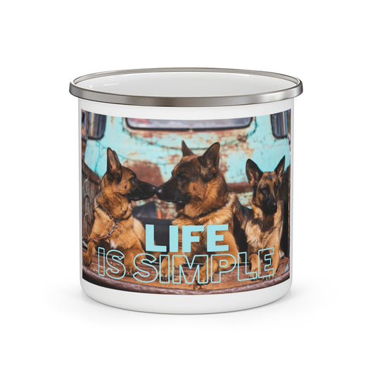 Life Is Simple Enamel Camping Mug - Perfect for German Shepherd Lovers, Outdoor Adventures & Cozy Gatherings