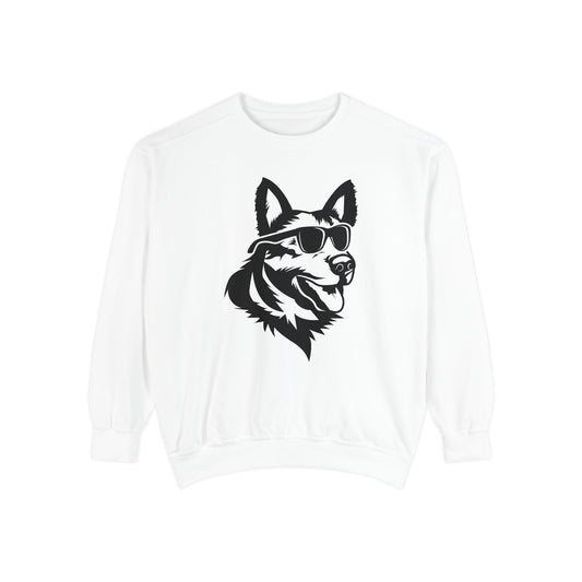 Unisex Dog Lover Sweatshirt With a Close Up Graphic of German Shepherd Wearing Black Glasses