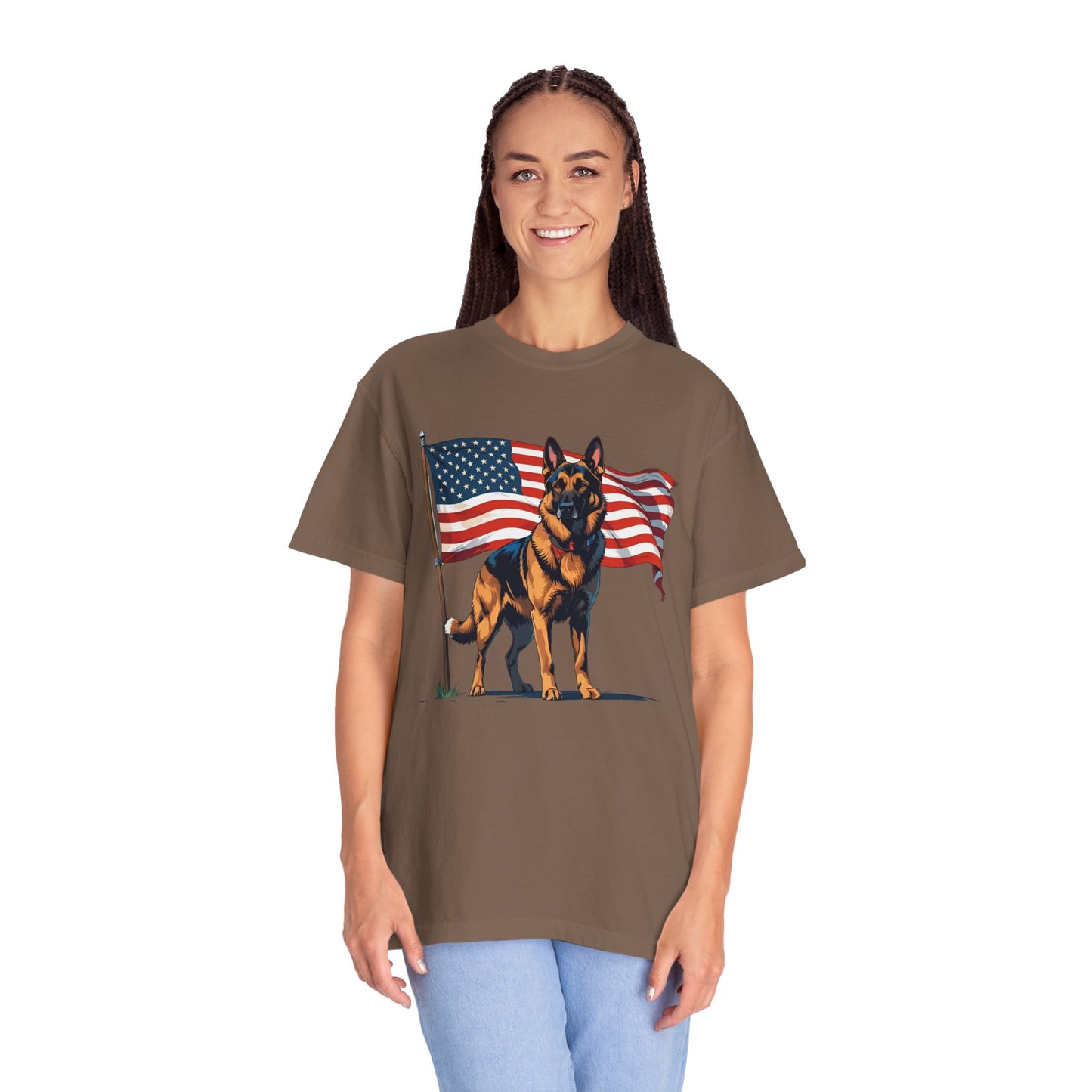 Patriotic German Shepherd Dog T-Shirt, Unisex Garment-Dyed Tee, Dog Lover Gift, US Independence Day Apparel, Casual Wear for Pet Lovers
