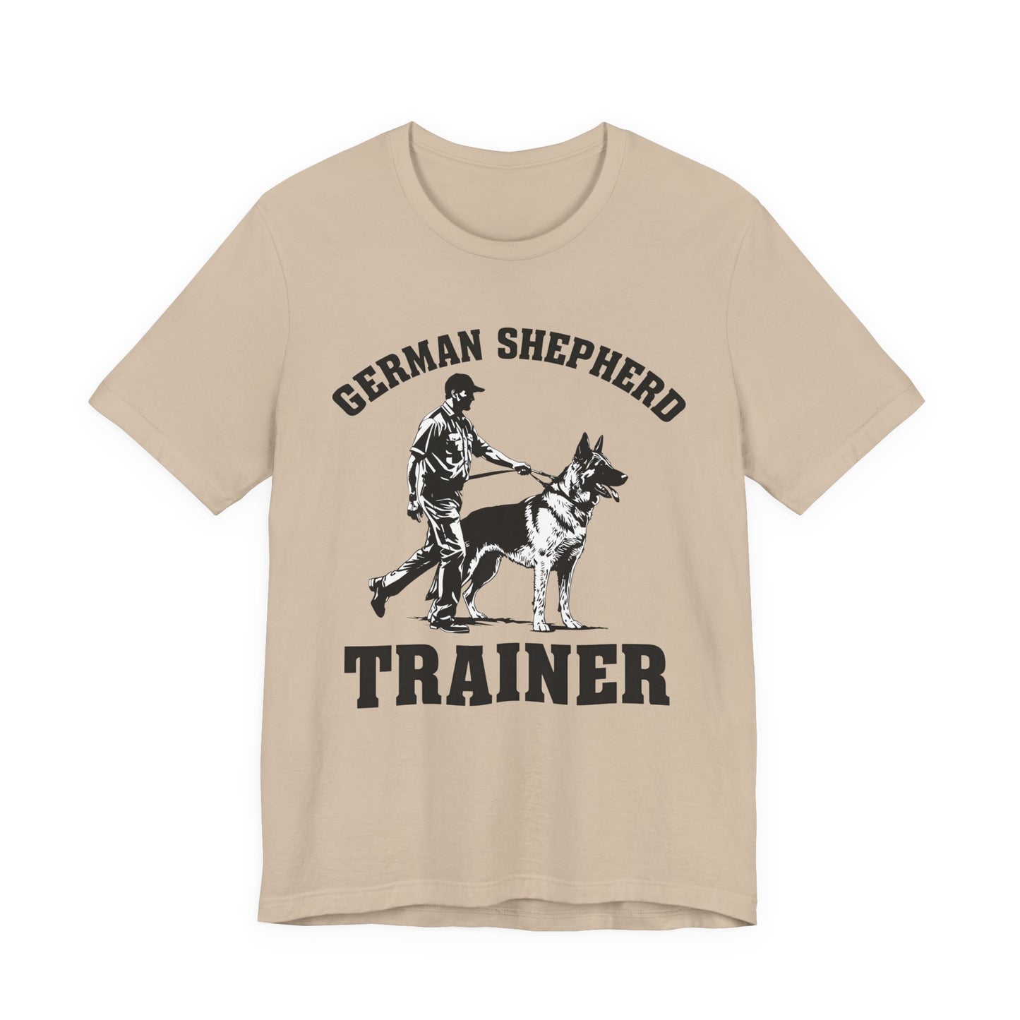 German Shepherd Trainer Tee - Black and White Design of Man Holding a German Shepherd