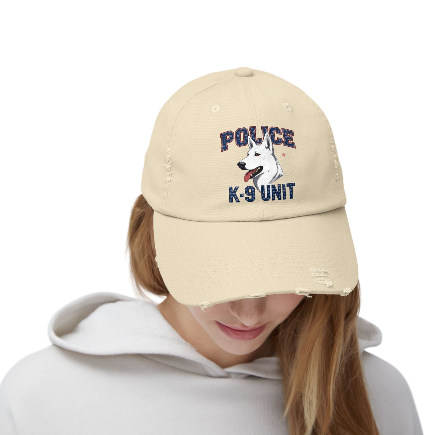 Unisex Distressed Cap with Police K9 Design Featuring German Shepherd, Trendy Dog Lover Hat, Perfect Gift for Police Supporters