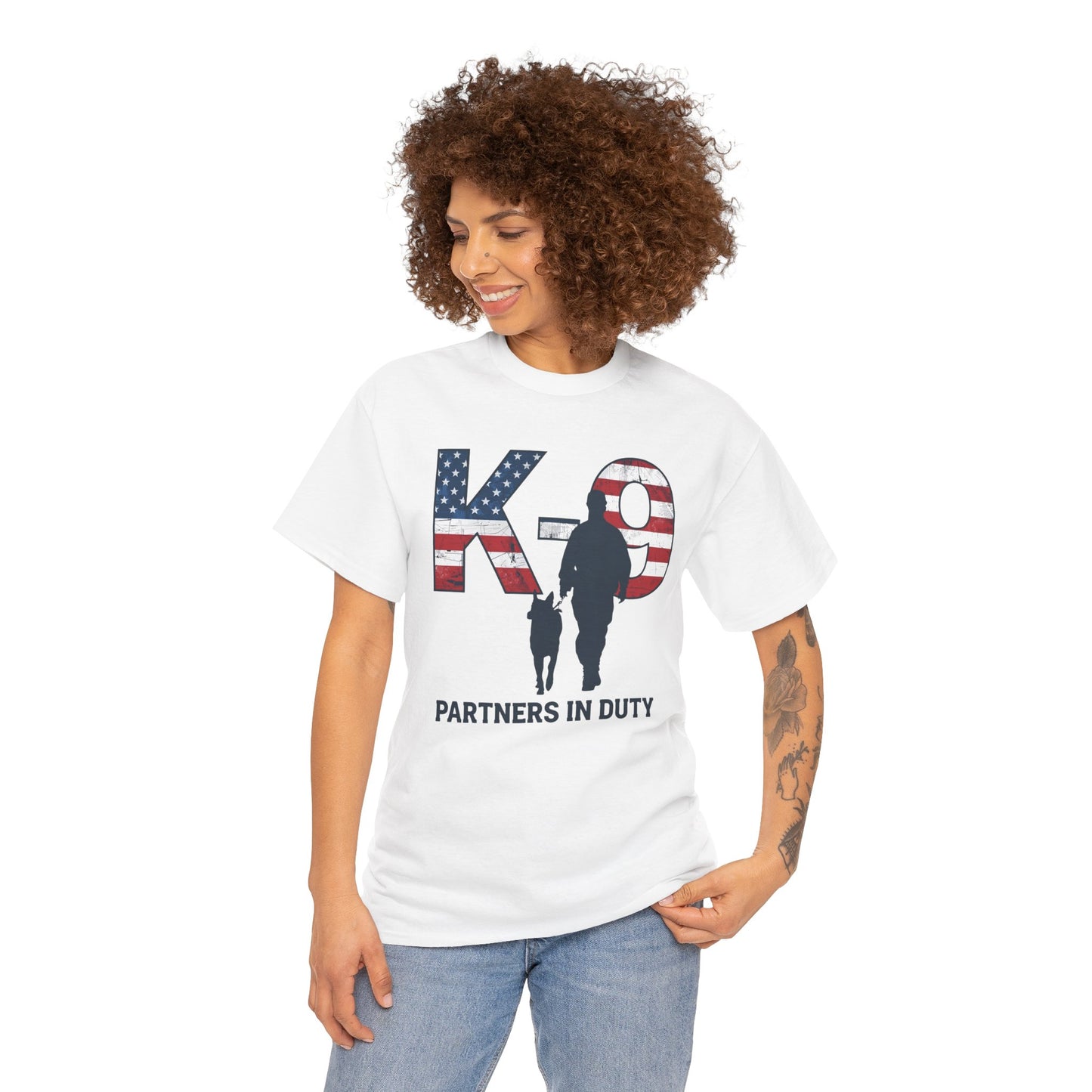 Patriotic K-9 T-Shirt - Partners in Duty Tee | Unisex Heavy Cotton Tee for Dog Lovers, Military Support, Gifts for Dog Handlers