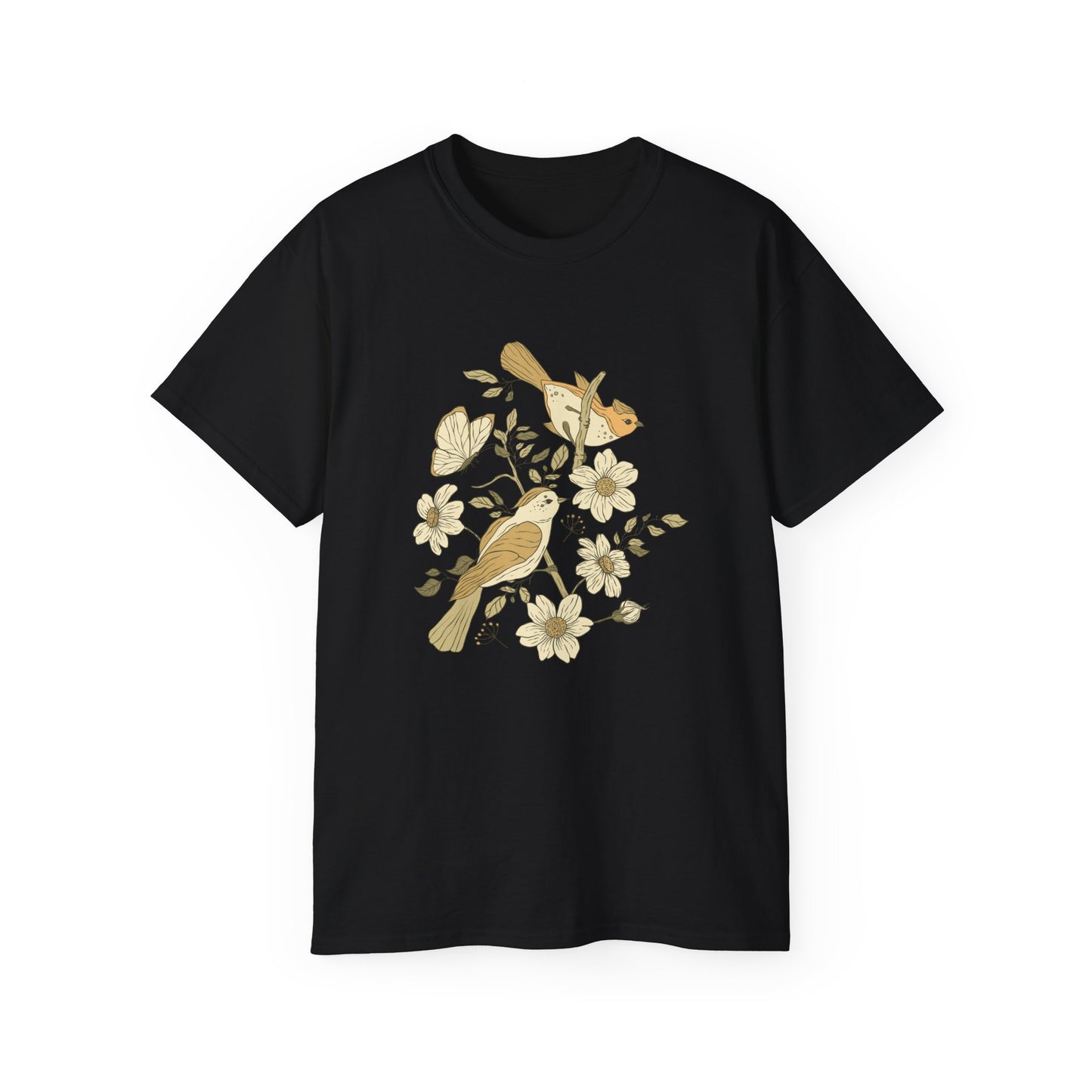 Nature-Inspired Unisex Tee, Floral Bird Print T-Shirt, Gift for Nature Lovers, Spring Fashion, Eco-Friendly Casual Wear
