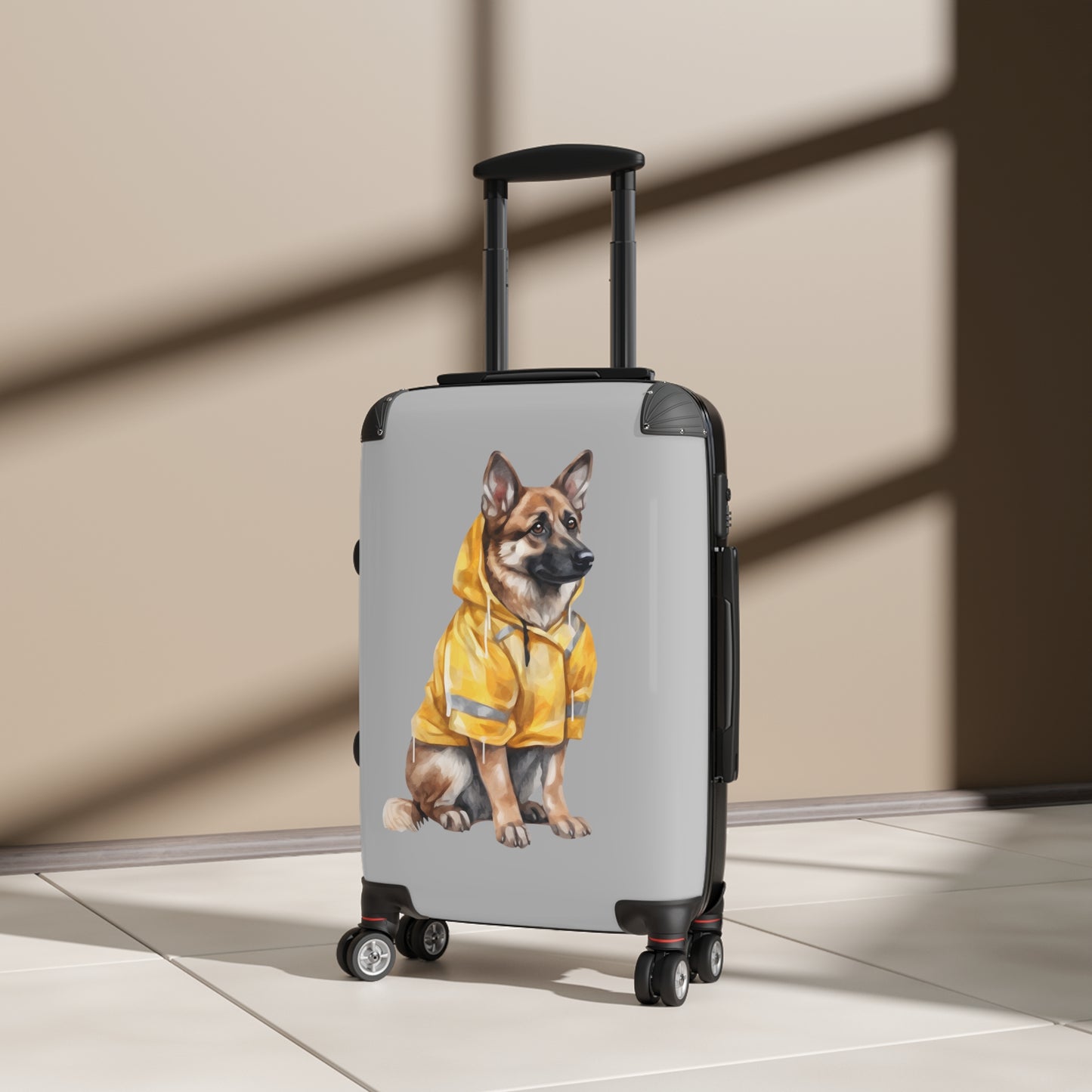 Dog Lovers Suitcase Featuring a German Shepherd Wearing a Yellow Rain Coat