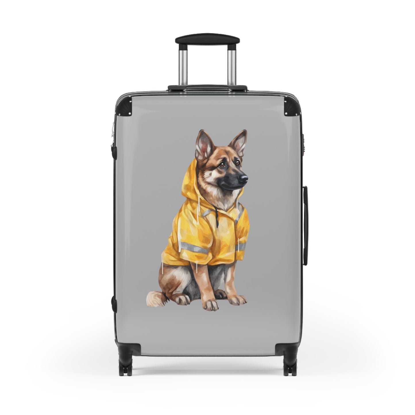 Dog Lovers Suitcase Featuring a German Shepherd Wearing a Yellow Rain Coat