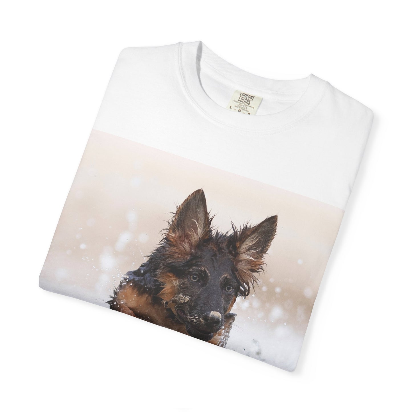 Unisex Dog Lover T-Shirt Featuring a German Shepherd Puppy Jumping In The Water