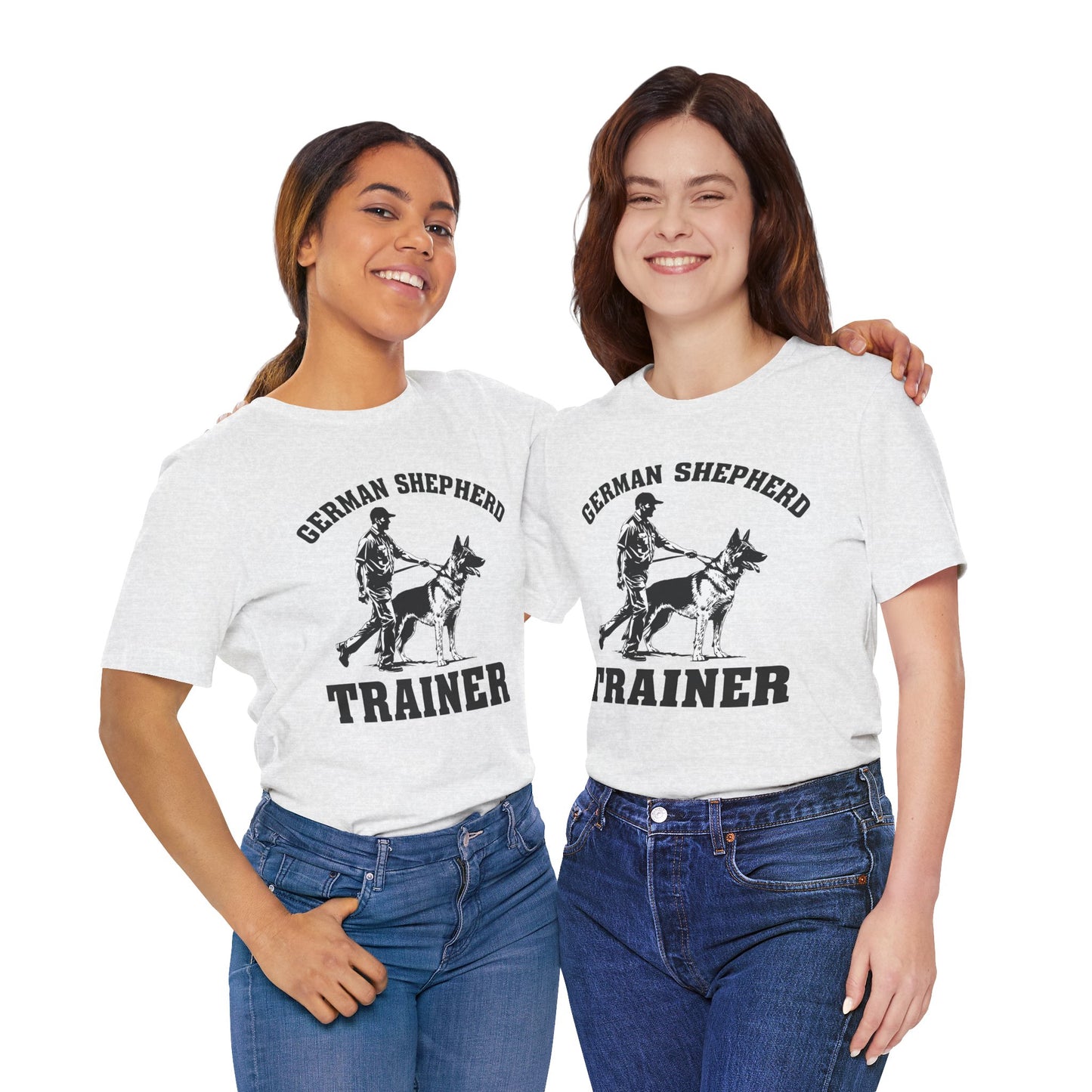 German Shepherd Trainer Tee - Black and White Design of Man Holding a German Shepherd