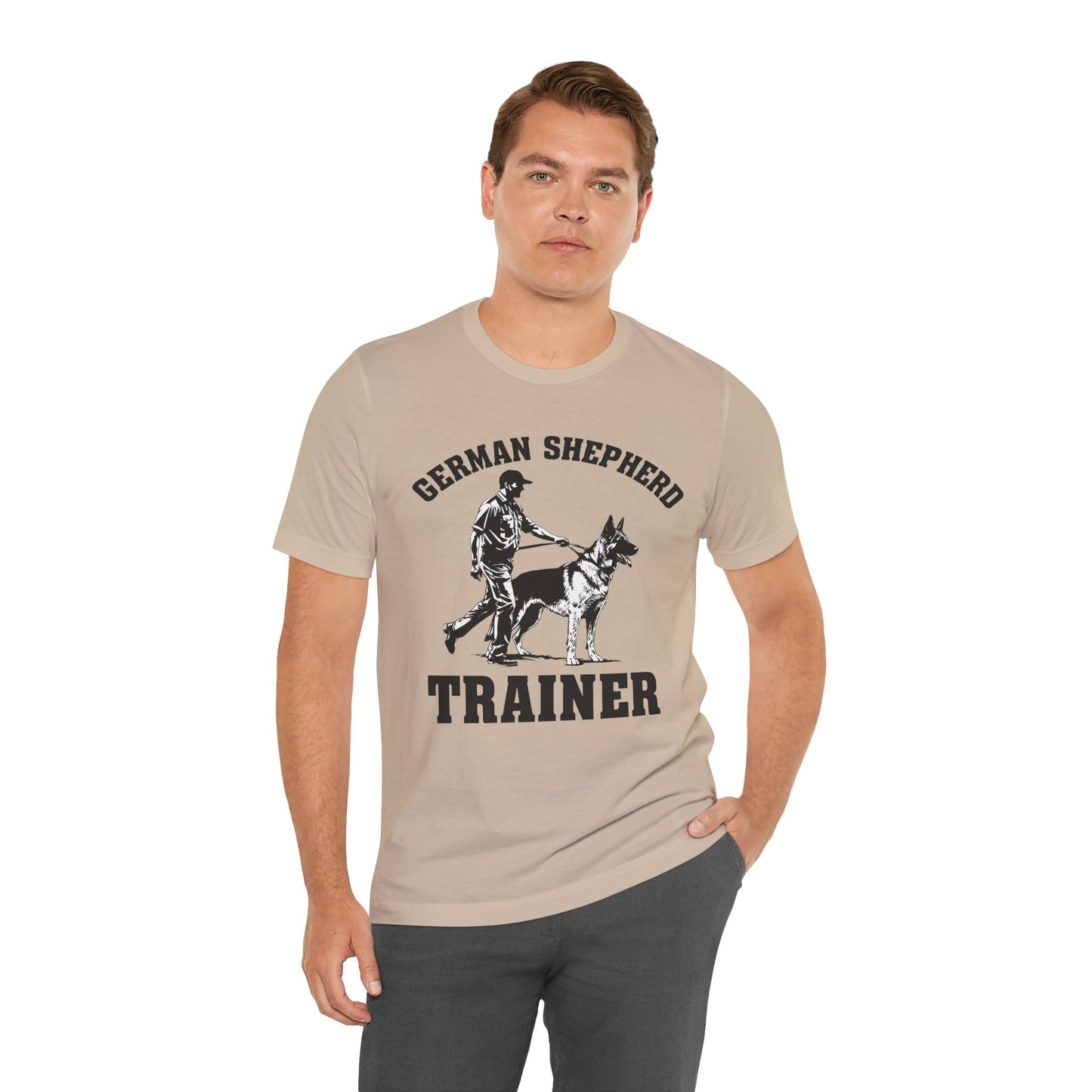 German Shepherd Trainer Tee - Black and White Design of Man Holding a German Shepherd