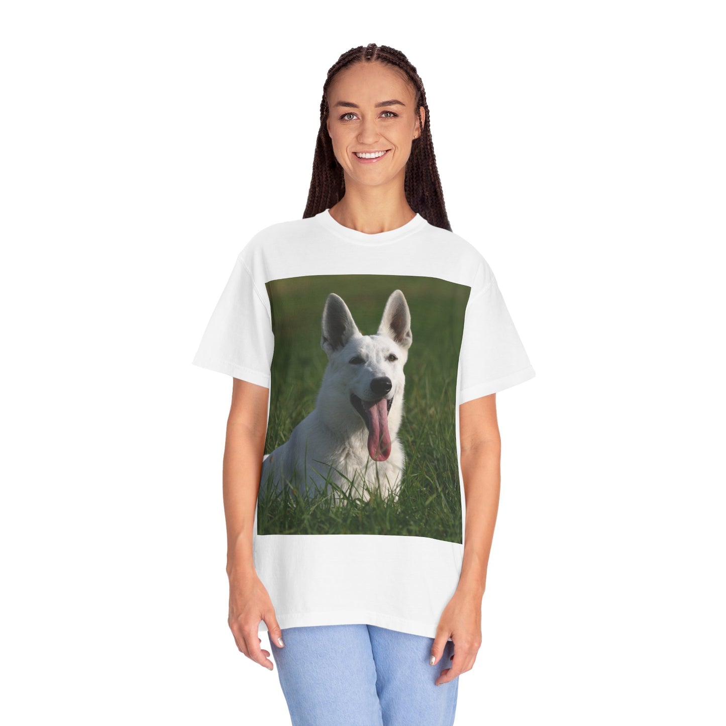 Unisex Dog Lover T-Shirt Featuring White German Shepherd Resting On Green Grass Leaving Tongue Out