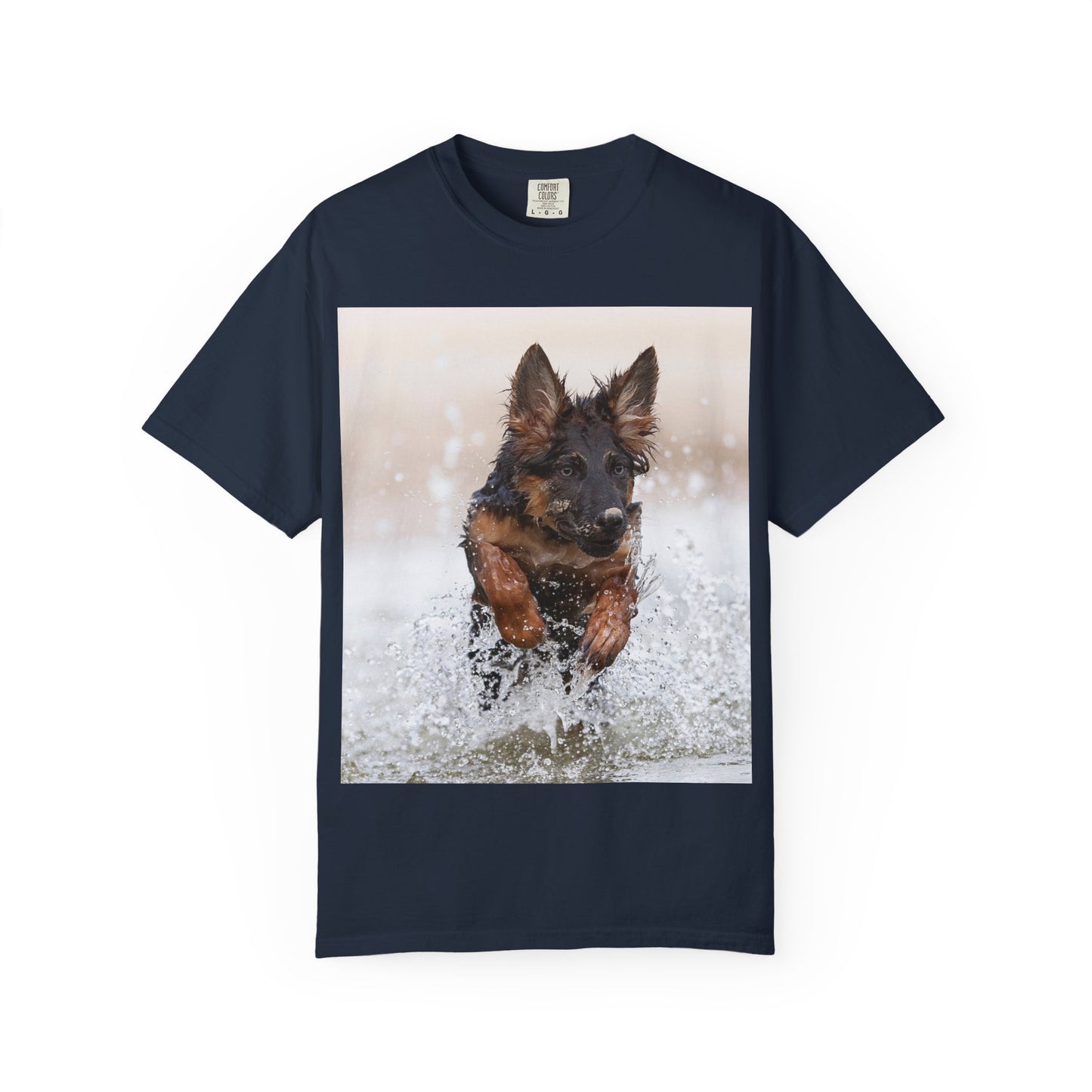 Unisex Dog Lover T-Shirt Featuring a German Shepherd Puppy Jumping In The Water