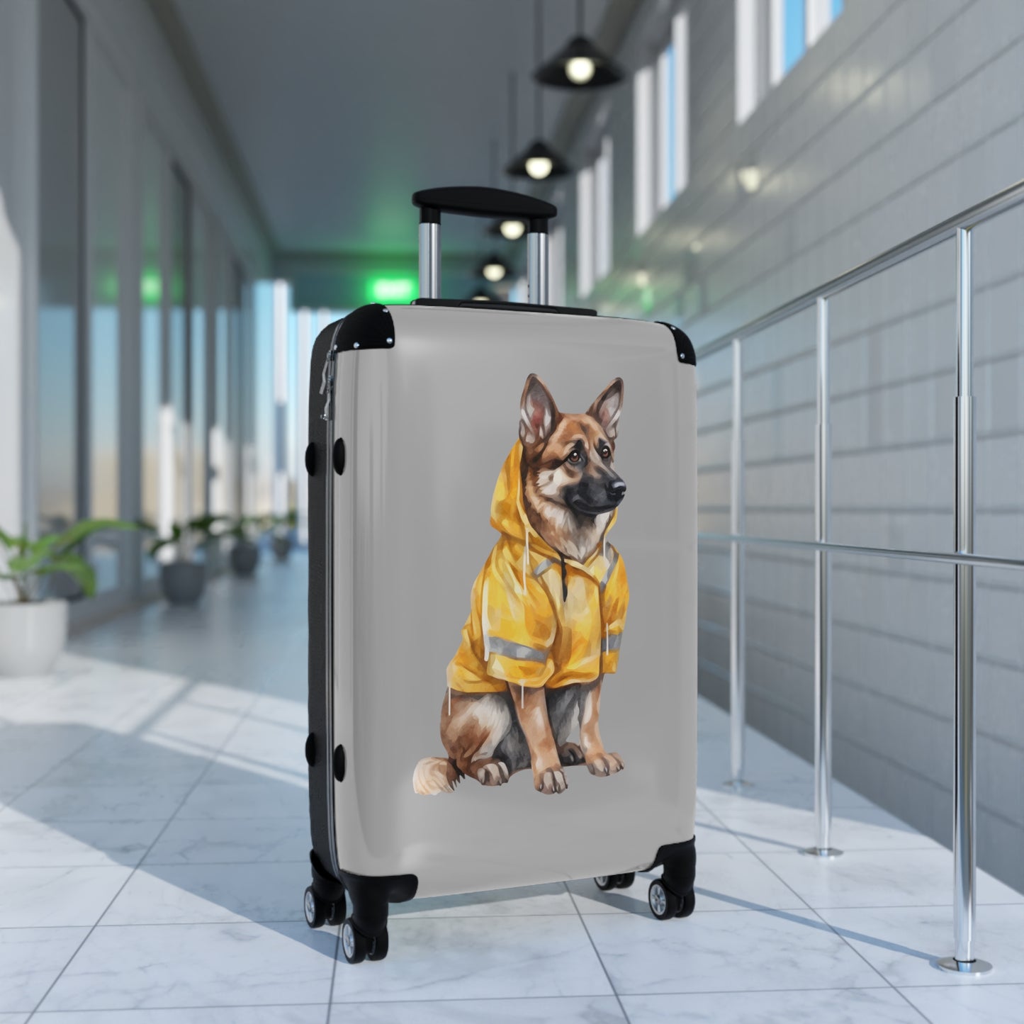 Dog Lovers Suitcase Featuring a German Shepherd Wearing a Yellow Rain Coat