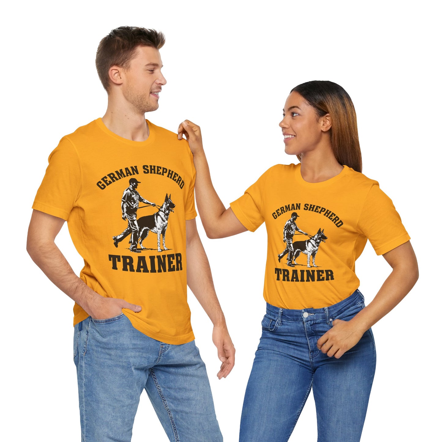 German Shepherd Trainer Tee - Black and White Design of Man Holding a German Shepherd