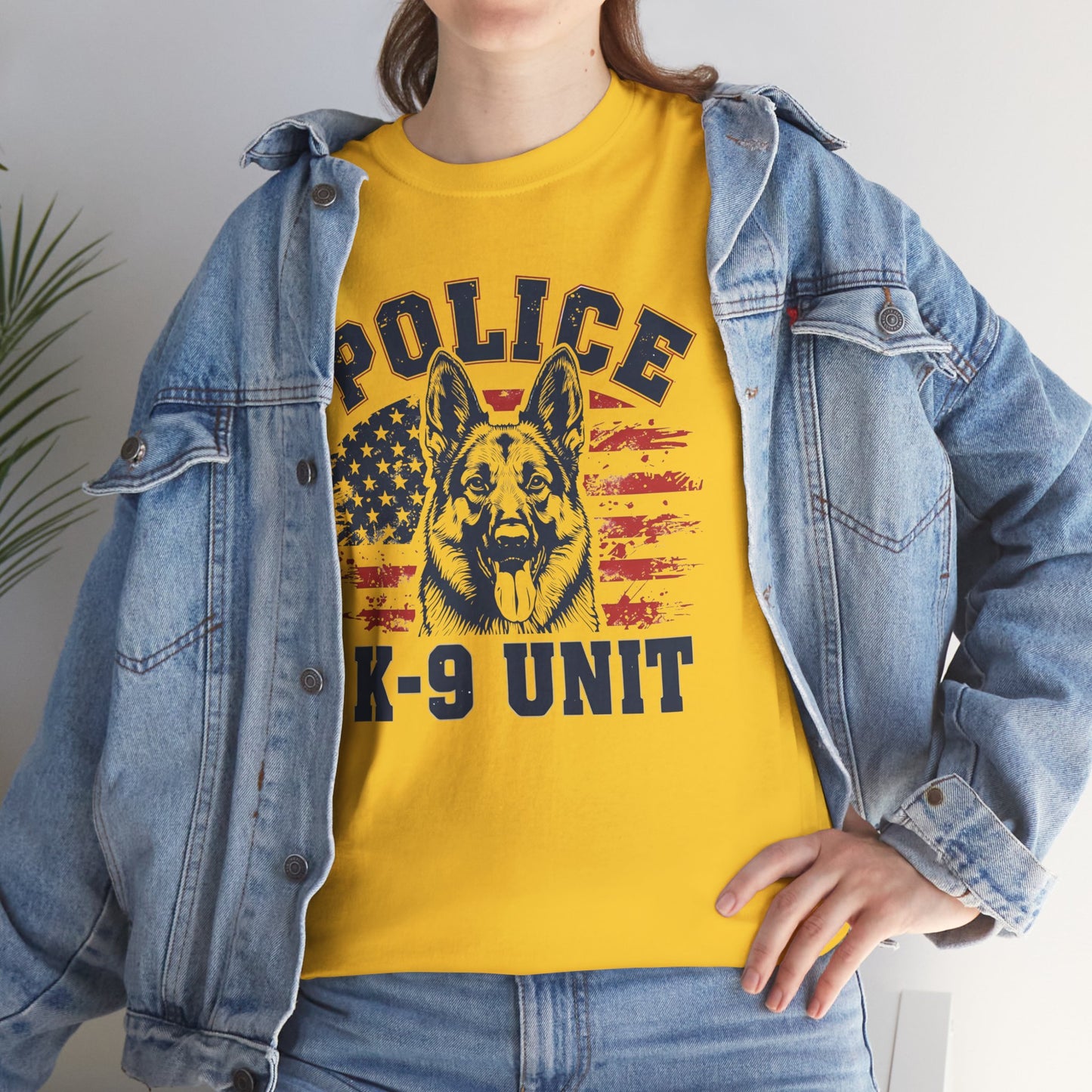 Patriotic Police K-9 Unit T-Shirt With American Flag in Background, Unisex Heavy Cotton Tee
