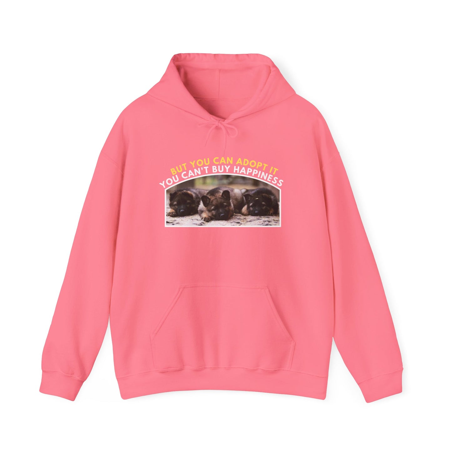 Unisex Dog Lover Hoodie With Three Cute German Shepherd Puppies Sitting in a Row and Caption You Can't Buy Happiness But You Can Adopt It