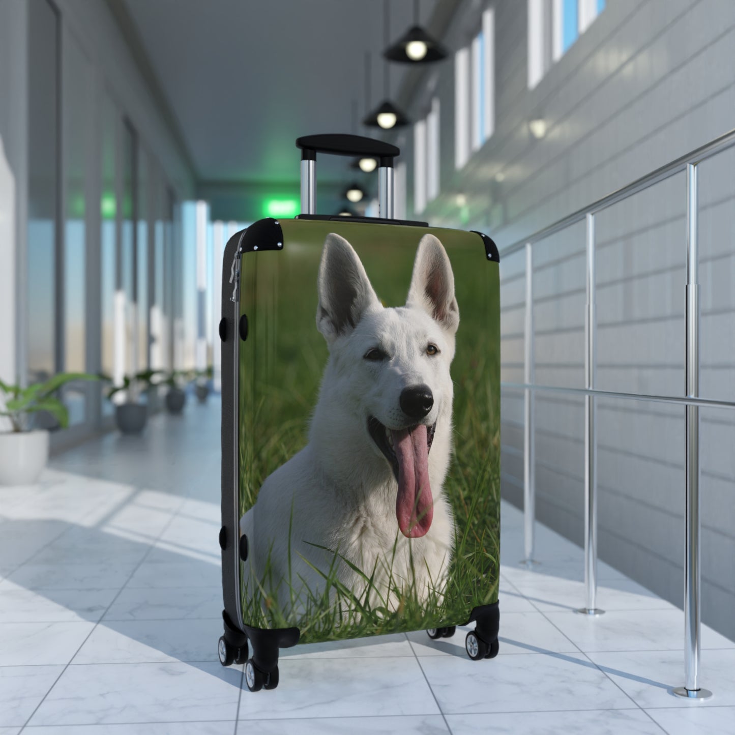 Dog Lovers Suitcase Featuring a White German Shepherd Resting On Grass Leaving Tongue Out
