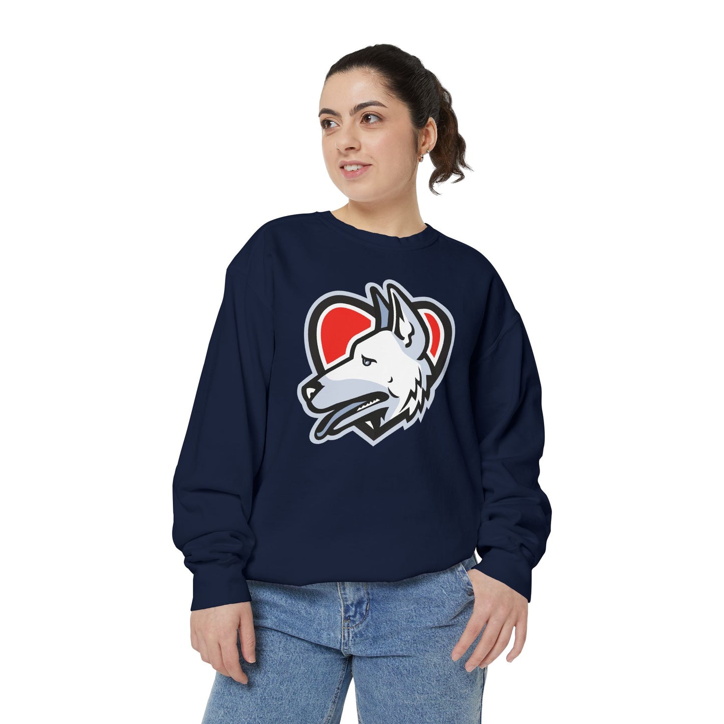Unisex Dog Lover Sweatshirt With a Close Up Graphic of German Shepherd Placed Inside Red Heart