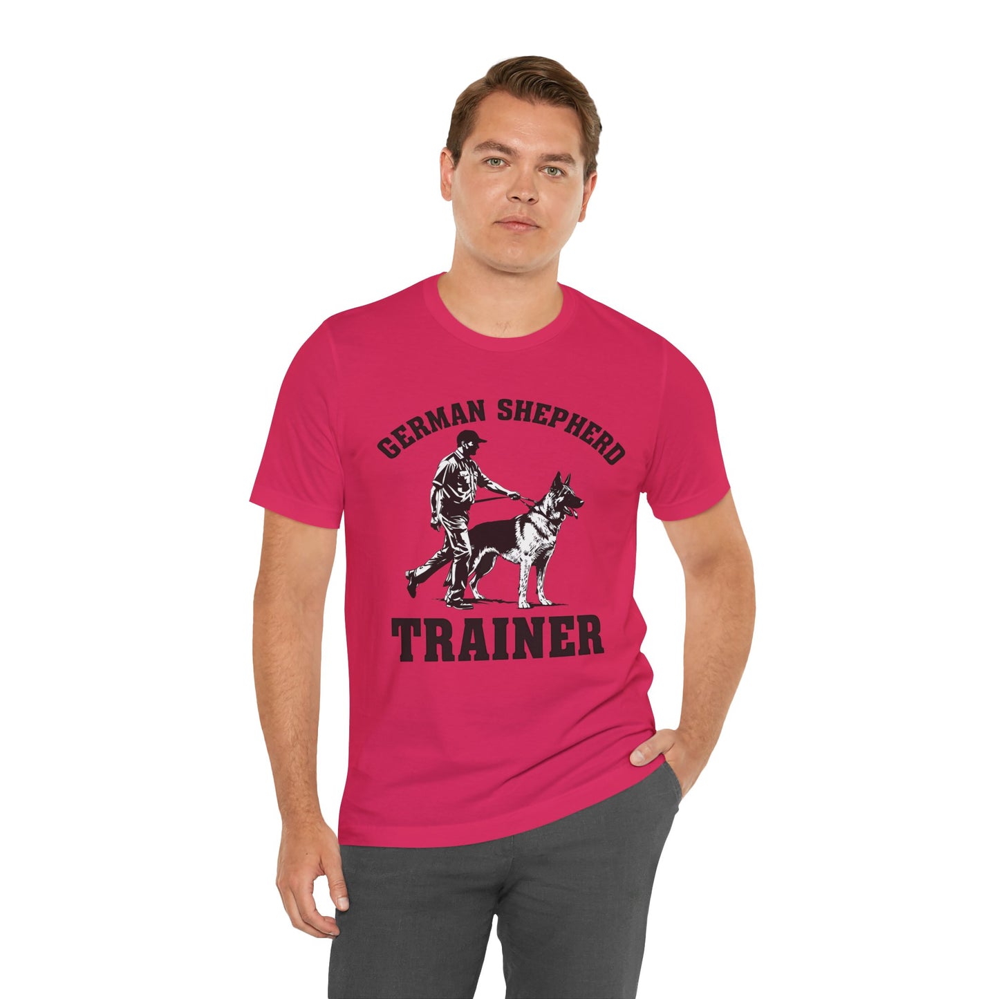 German Shepherd Trainer Tee - Black and White Design of Man Holding a German Shepherd