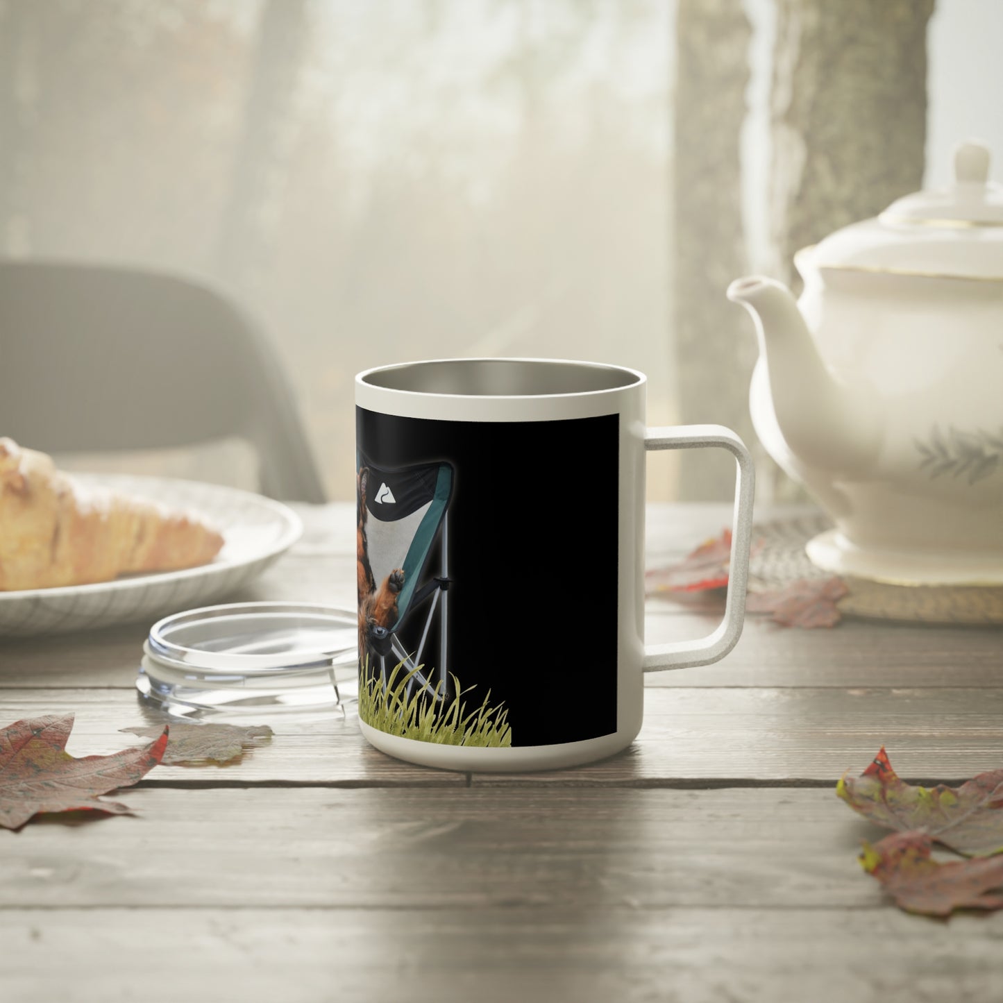Insulated Stainless Steel Coffee Mug With a German Shepherd Enjoying Picnic On Outdoor Portable Camping Chair
