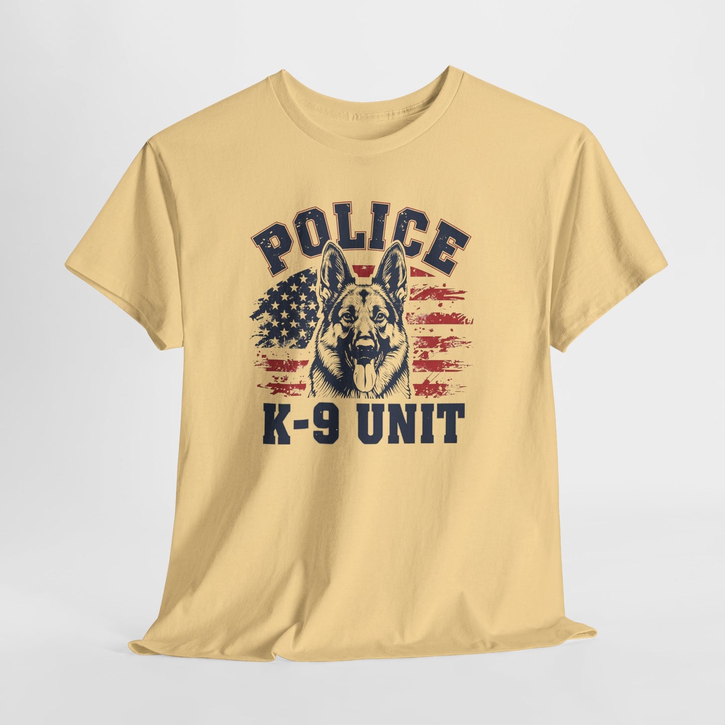 Patriotic Police K-9 Unit T-Shirt With American Flag in Background, Unisex Heavy Cotton Tee
