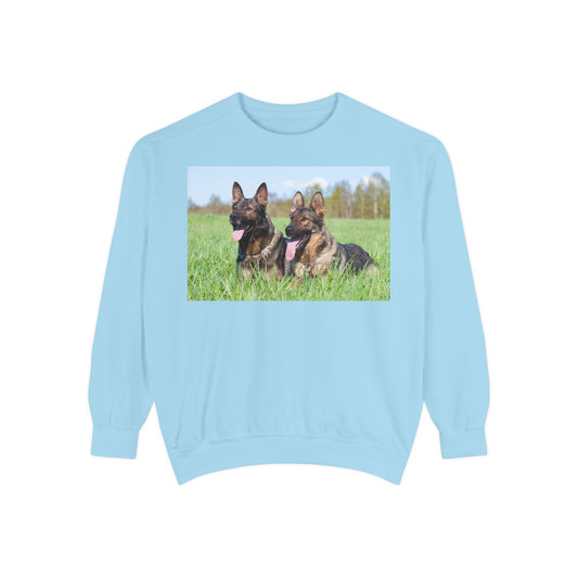 Unisex Dog Lover Sweatshirt With Two Giant German Shepherds Lying on the Grass With Tongues Out