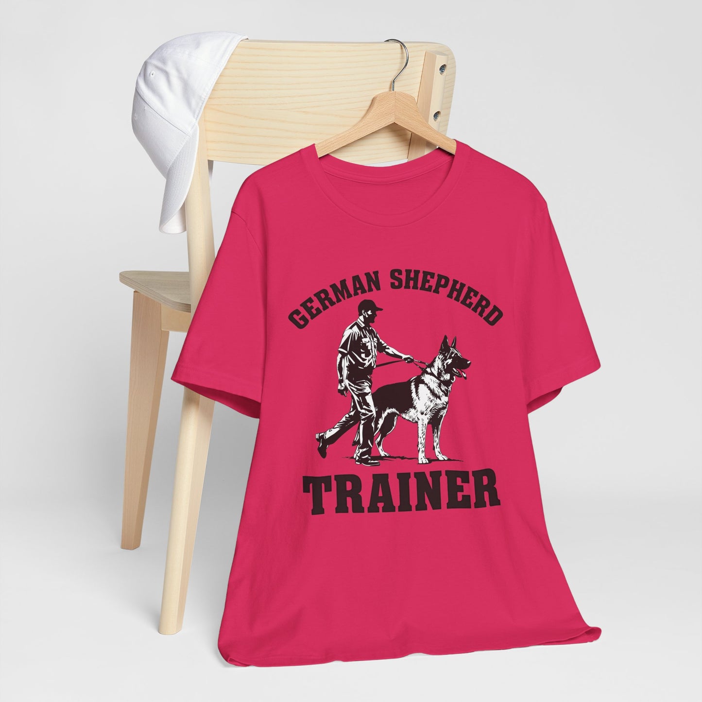 German Shepherd Trainer Tee - Black and White Design of Man Holding a German Shepherd