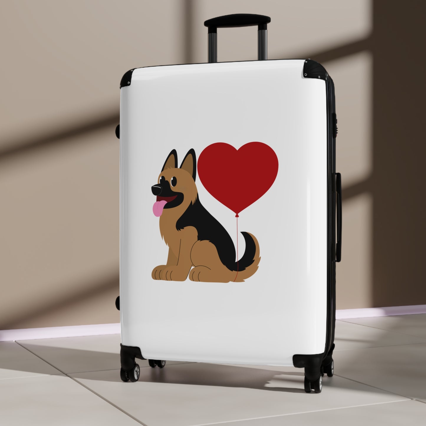 Dog Lover's Suitcase Featuring Graphic of a German Shepherd Puppy and Heart Shaped Balloon Attached to Tail