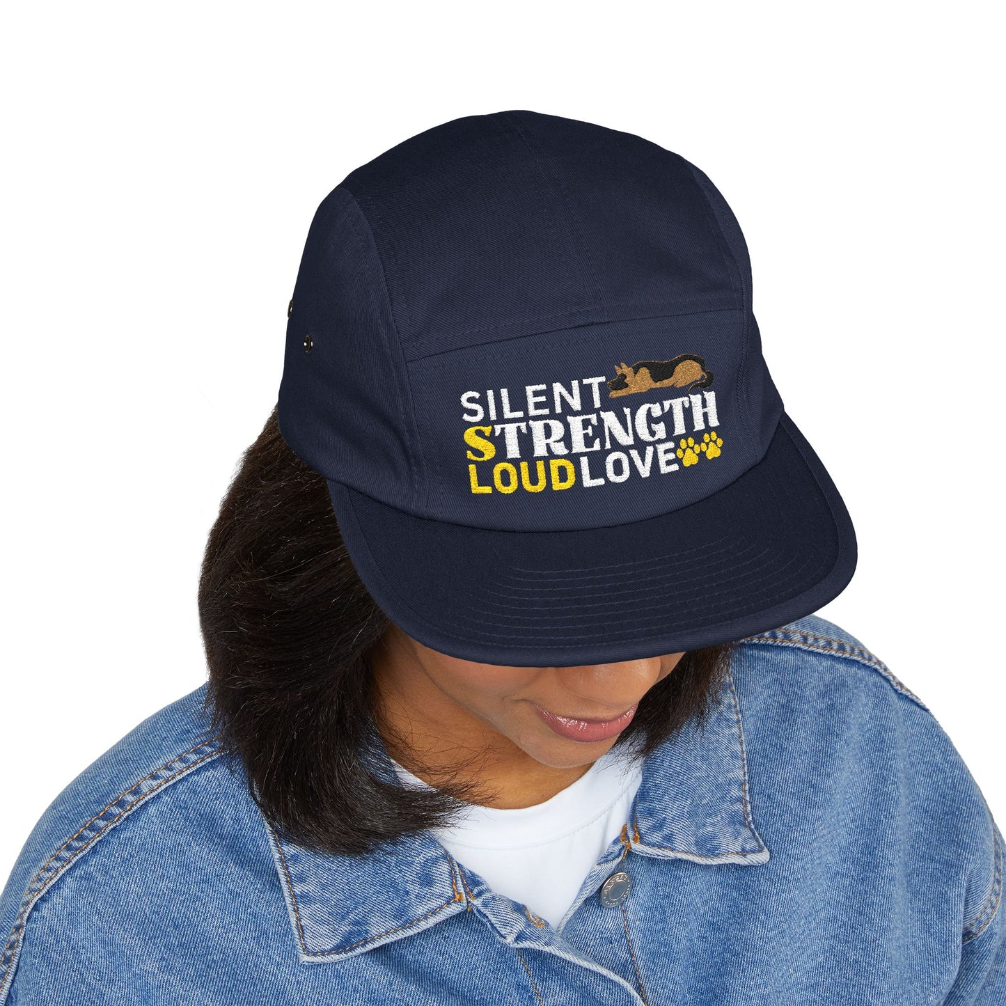 5 Panel Embroidered German Shepherd Cap - Silent Strength, Loud Love