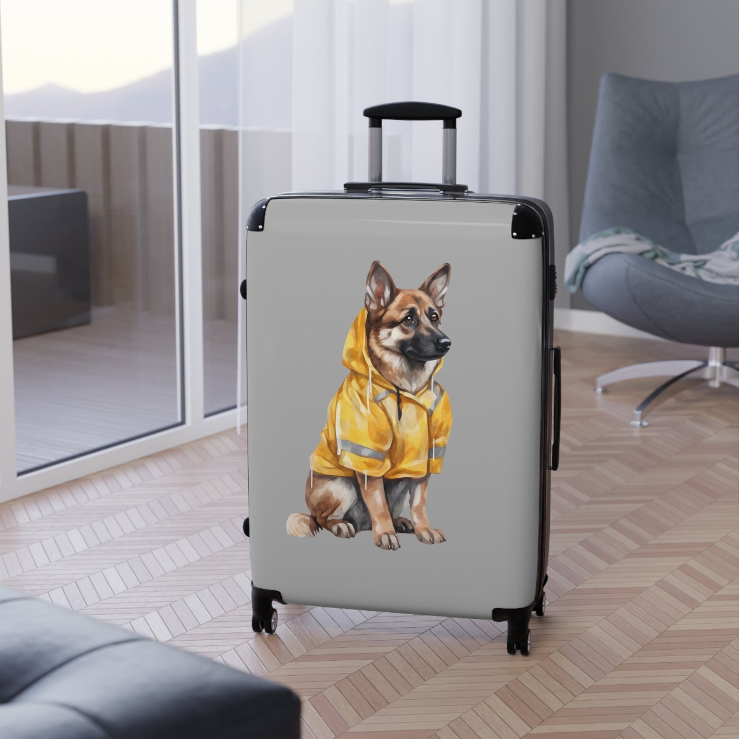 Dog Lovers Suitcase Featuring a German Shepherd Wearing a Yellow Rain Coat