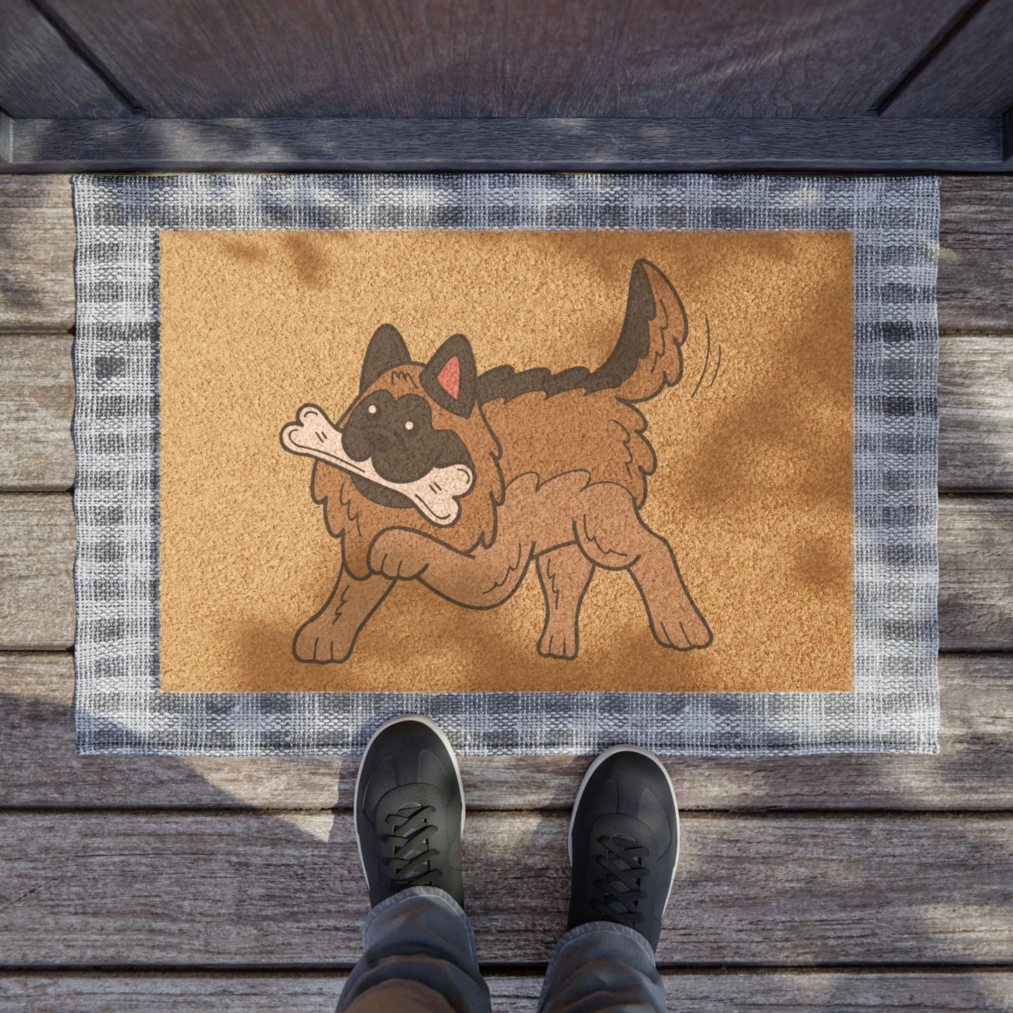 Playful Dog Doormat - Featuring a Cartoon German Shepherd Holding a White Bone in Mouth