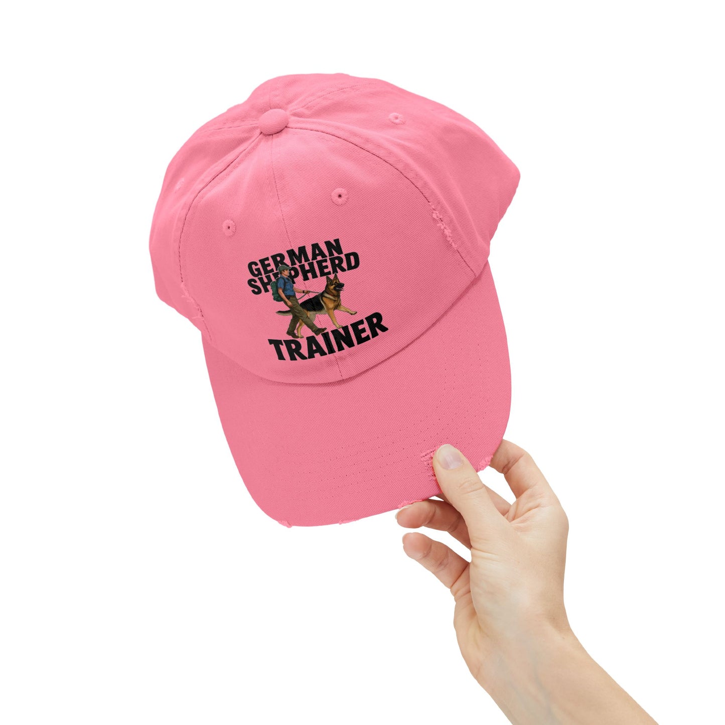 Unisex Distressed Cap Featuring a Trainer Leading German Shepherd, Dog Trainer Gift