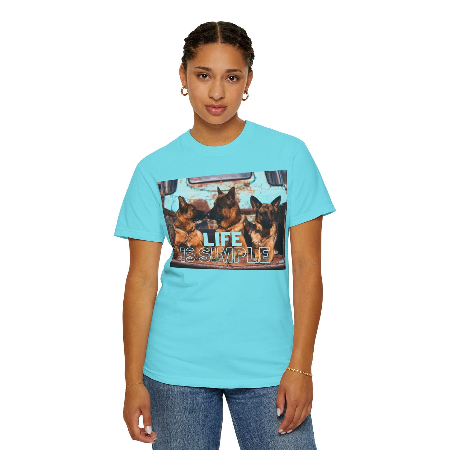 Unisex Dog Lover T-Shirt With Three German Shepherds Sitting on the Truck's Cargo Bed and Caption Life is Simple