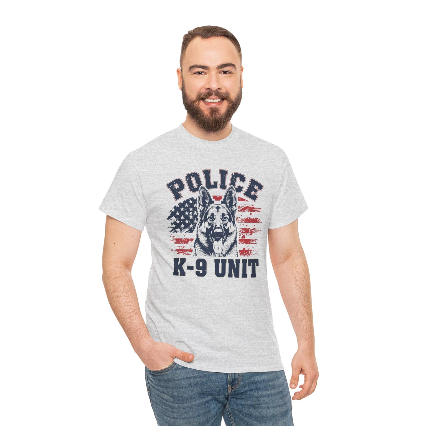 Patriotic Police K-9 Unit T-Shirt With American Flag in Background, Unisex Heavy Cotton Tee