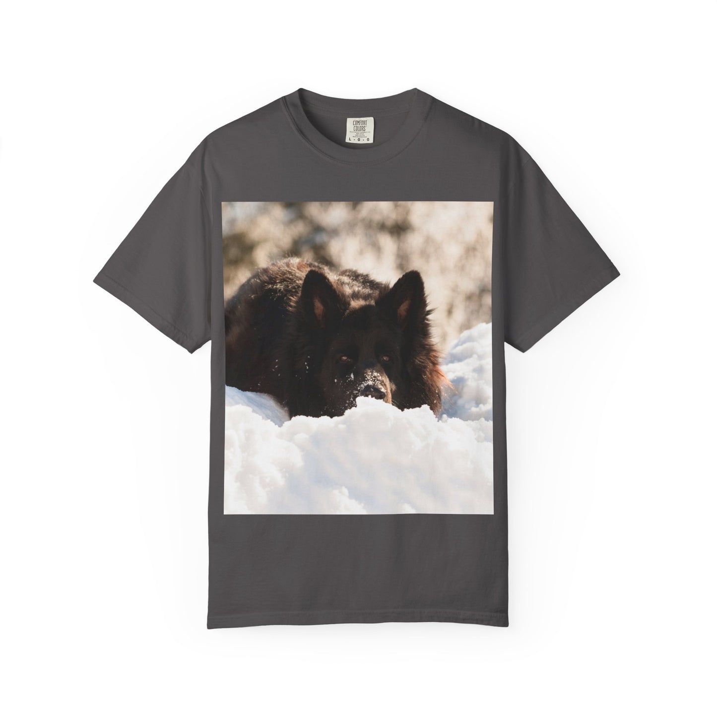 Unisex Dog Lover T-Shirt Featuring a Giant Black German Shepherd Resting on the Snow
