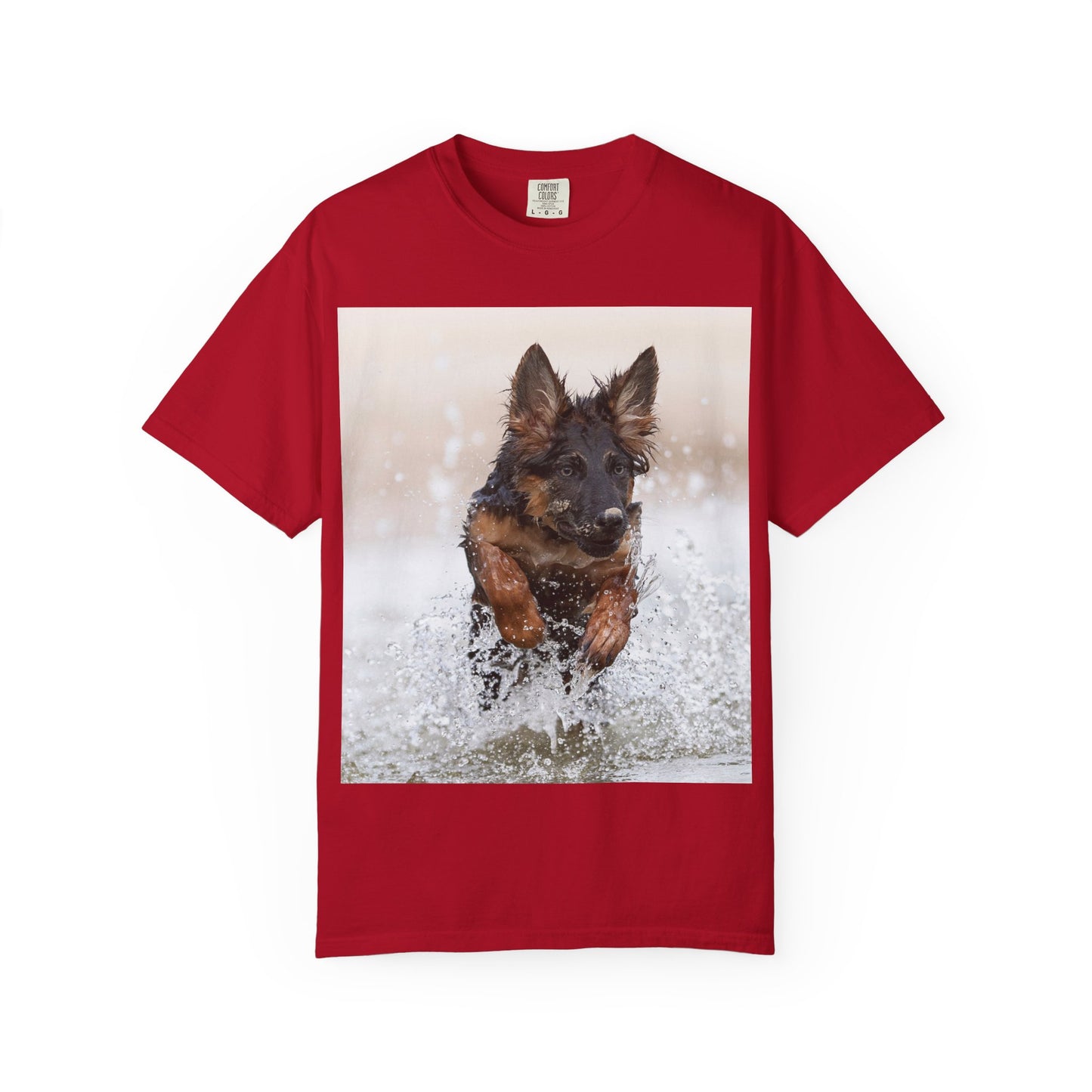 Unisex Dog Lover T-Shirt Featuring a German Shepherd Puppy Jumping In The Water