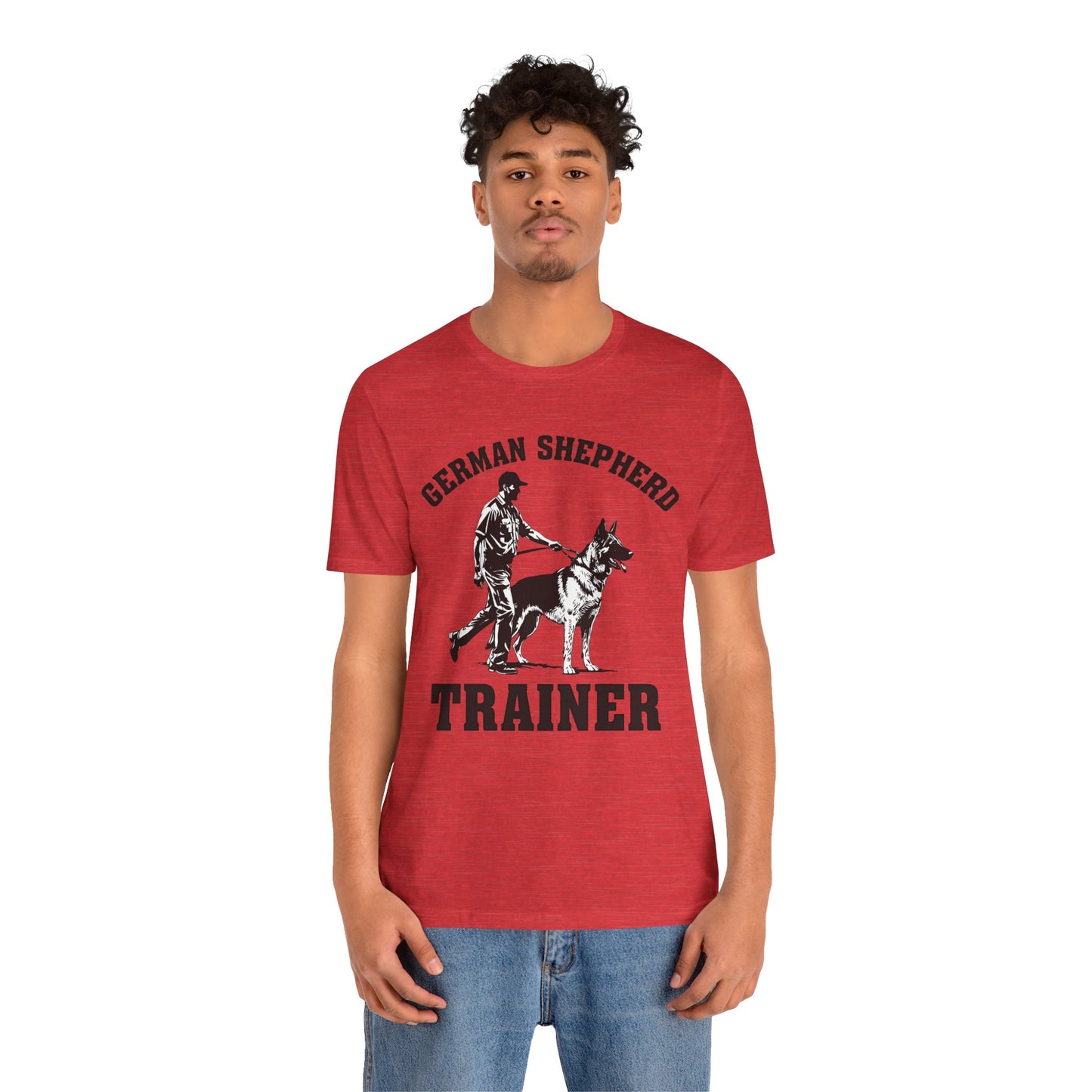 German Shepherd Trainer Tee - Black and White Design of Man Holding a German Shepherd