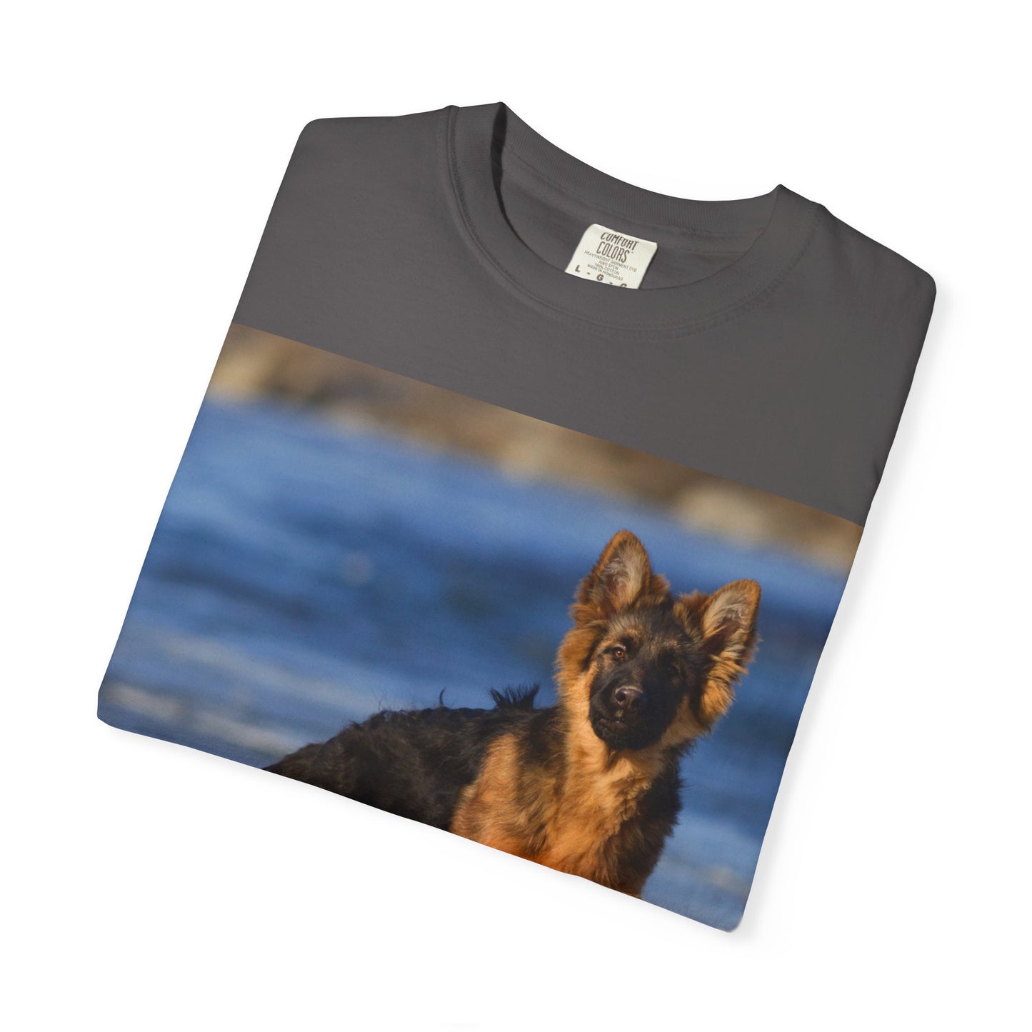 Unisex Dog Lover T-Shirt Featuring Beautiful German Shepherd Puppy Standing at the Sea Shore