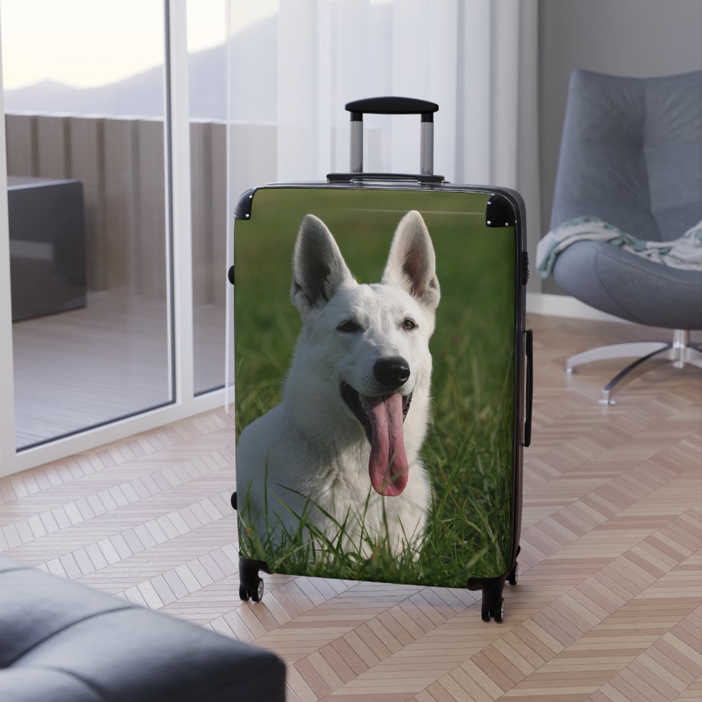Dog Lovers Suitcase Featuring a White German Shepherd Resting On Grass Leaving Tongue Out