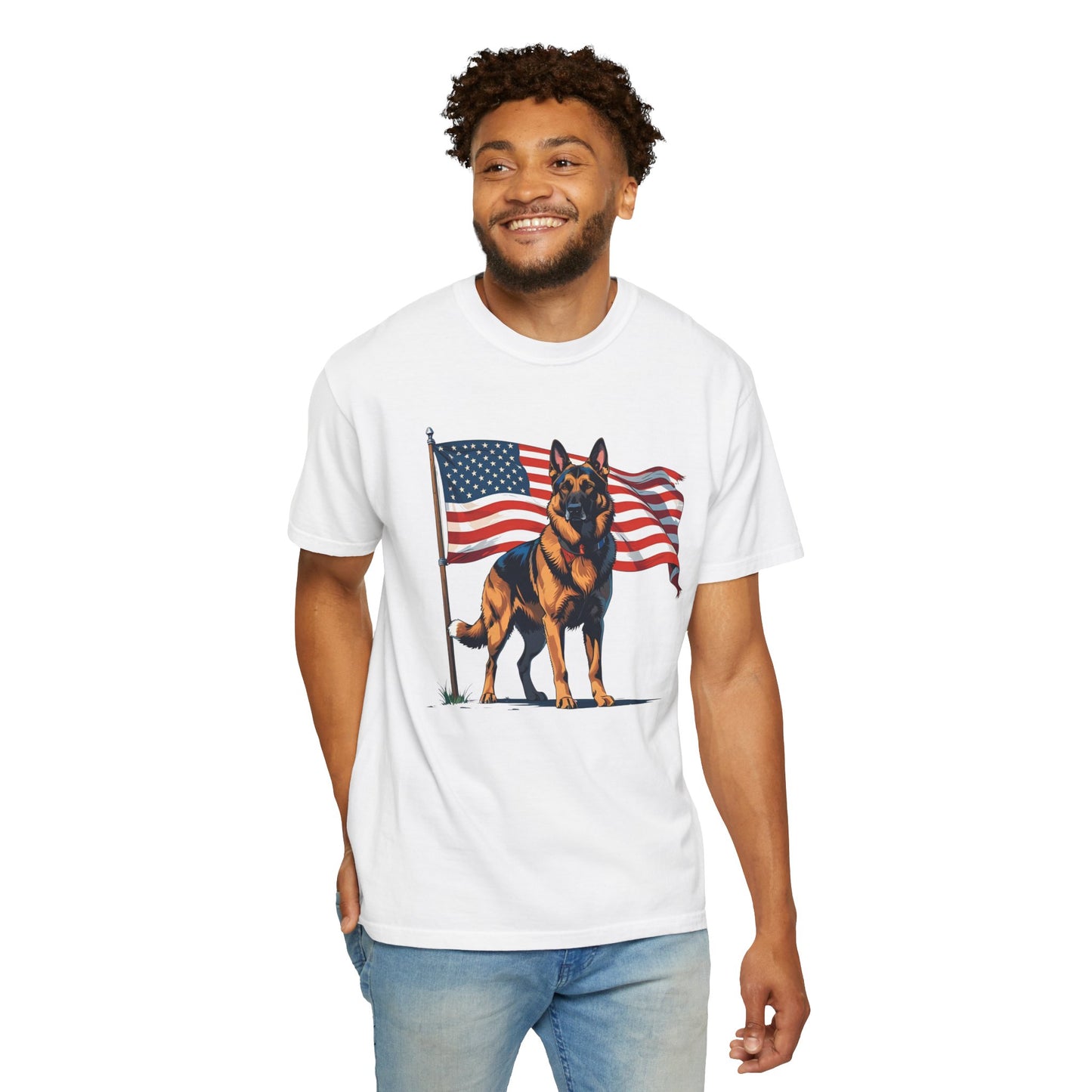 Patriotic German Shepherd Dog T-Shirt, Unisex Garment-Dyed Tee, Dog Lover Gift, US Independence Day Apparel, Casual Wear for Pet Lovers